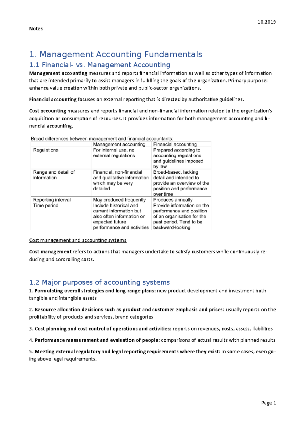 Management Accounting Chapter 1 notes - 10. Notes 1. Management ...