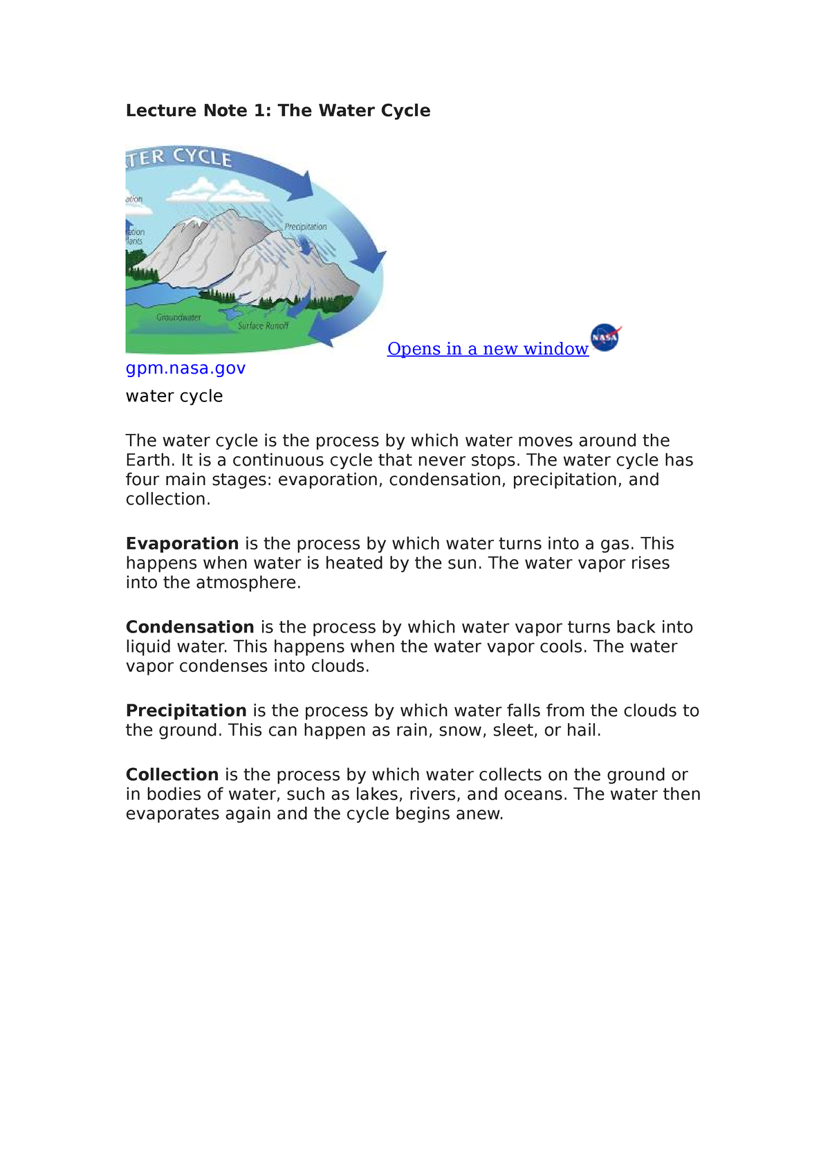 Lecture Note 1 Water Cycle Notes Lecture Note 1 The Water Cycle