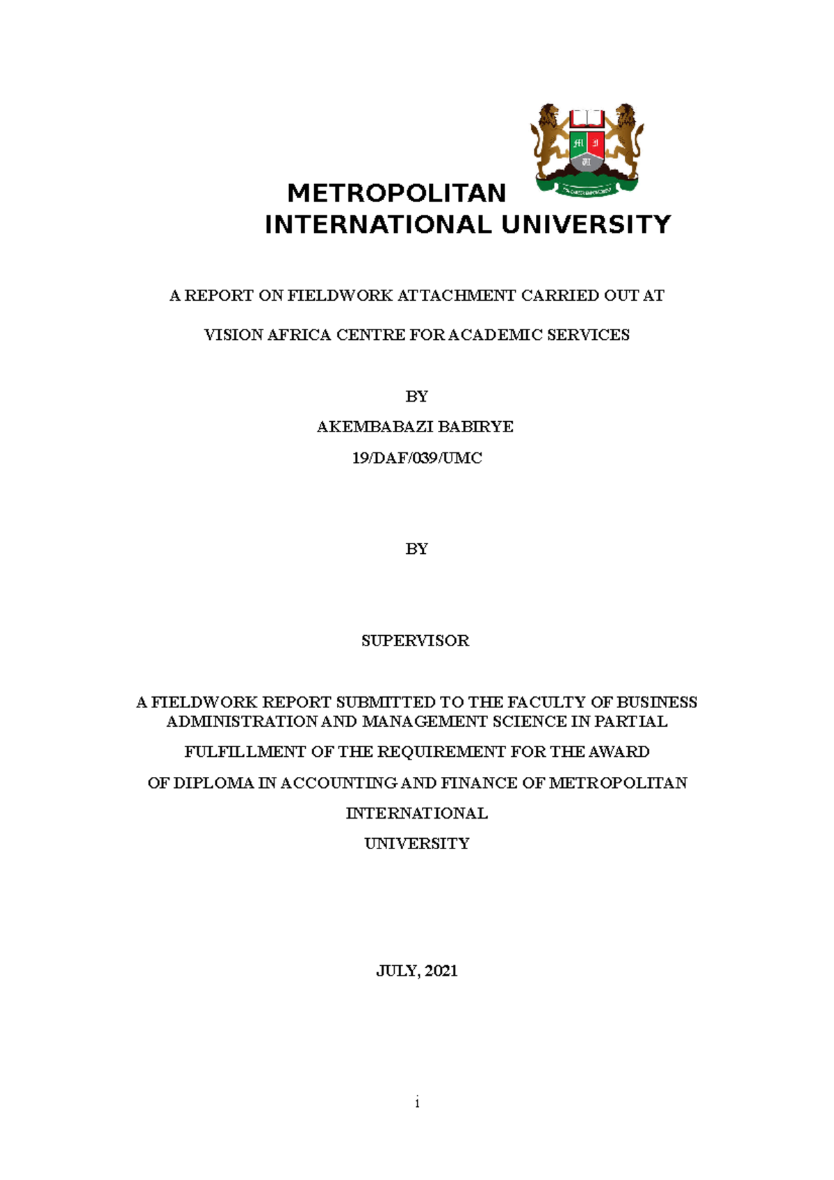 Babirye - my internship report - METROPOLITAN INTERNATIONAL UNIVERSITY ...