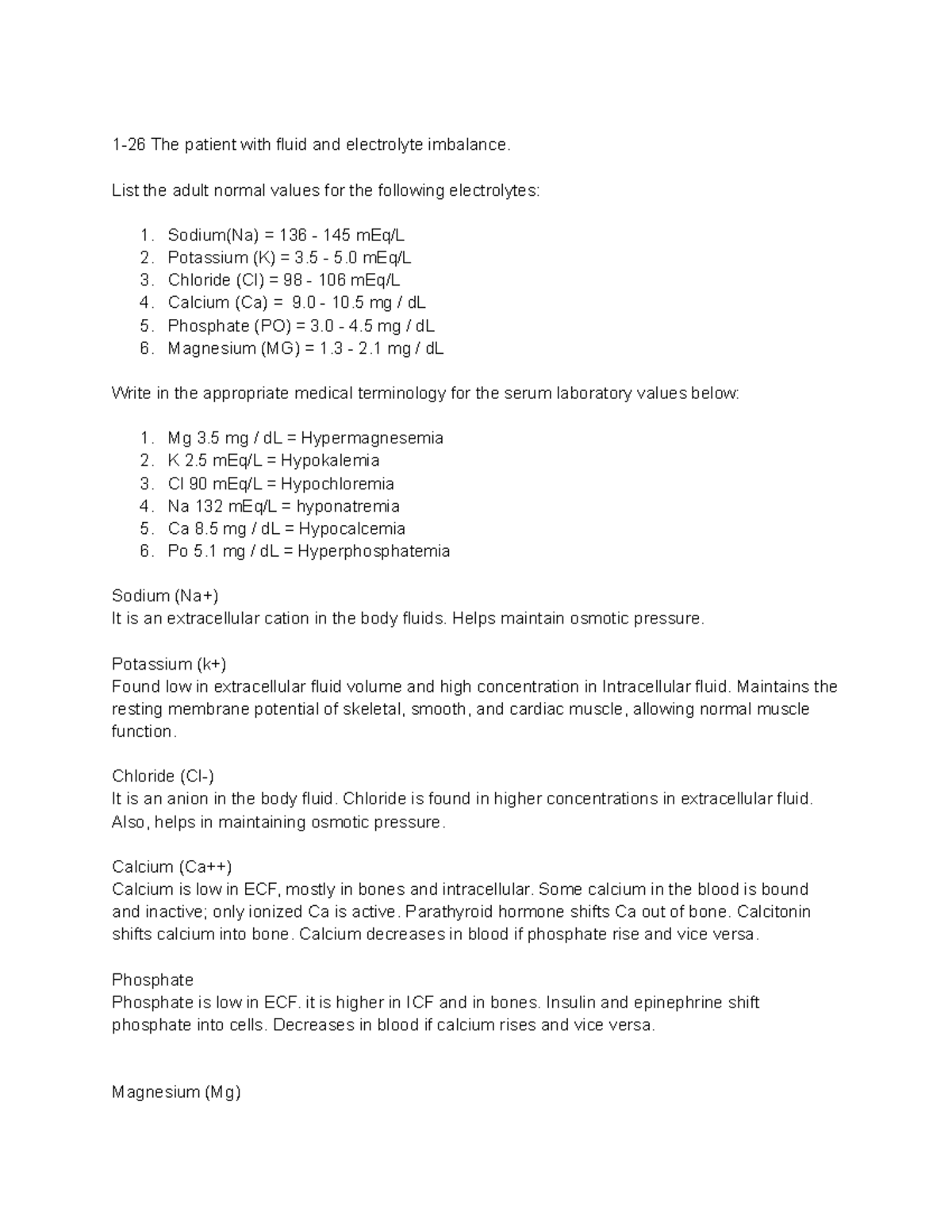 1-26 The patient with fluid and electrolyte imbalance - List the adult ...