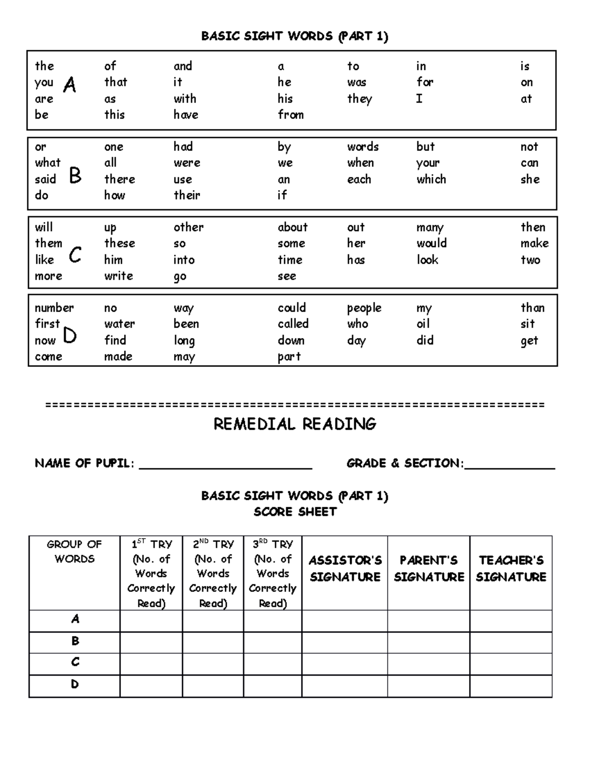 Basic Sight Words Individual CARD - BASIC SIGHT WORDS (PART 1) the of ...