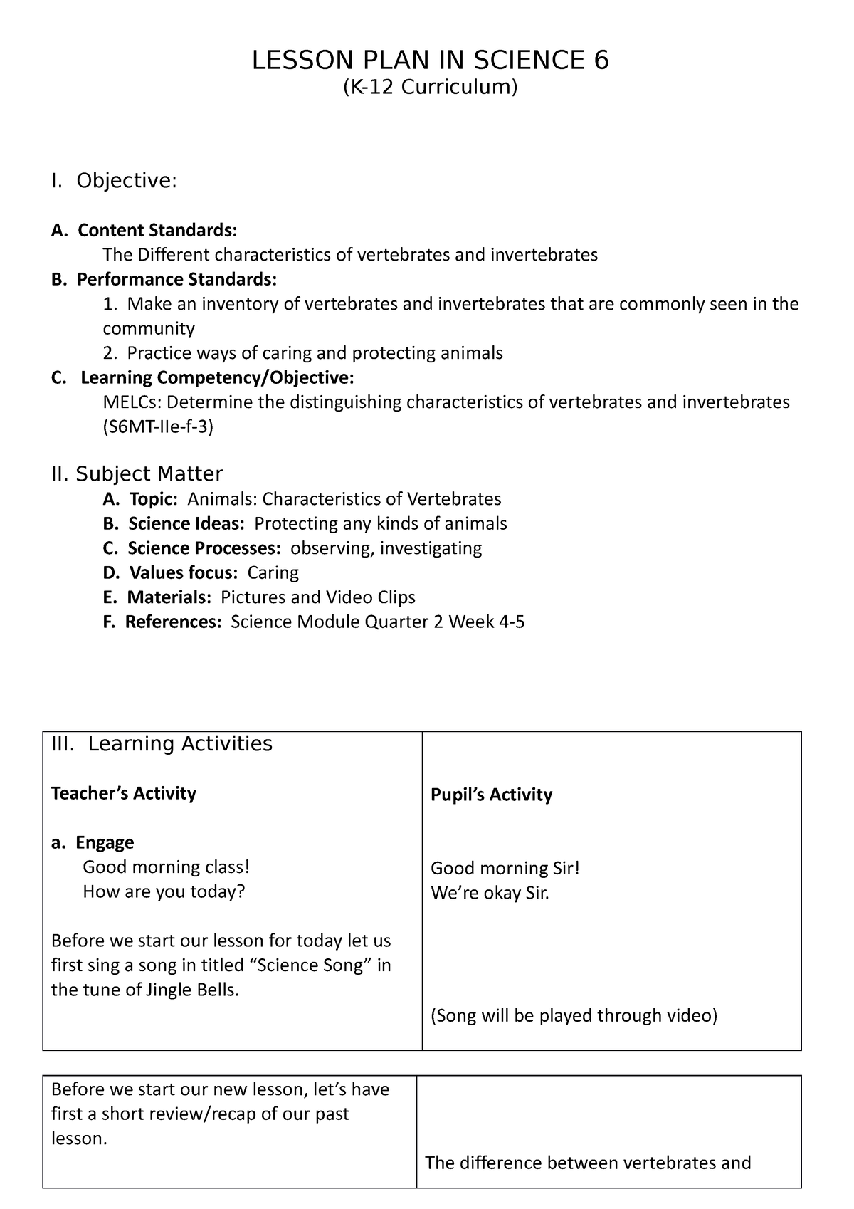 Vertebrates Lesson PLAN - LESSON PLAN IN SCIENCE 6 (K-12 Curriculum) I