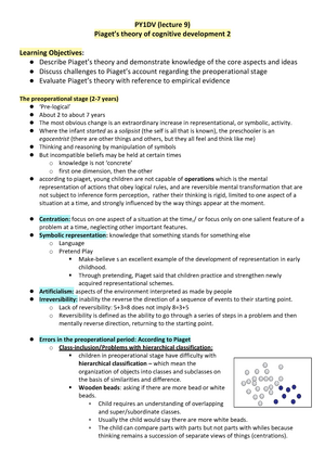 PY1DV Lecture 9 Piaget s theory of cognitive development 2