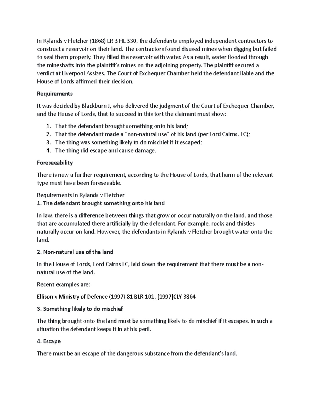 Rylands V Fletcher Key points - In Rylands v Fletcher (1868) LR 3 HL ...