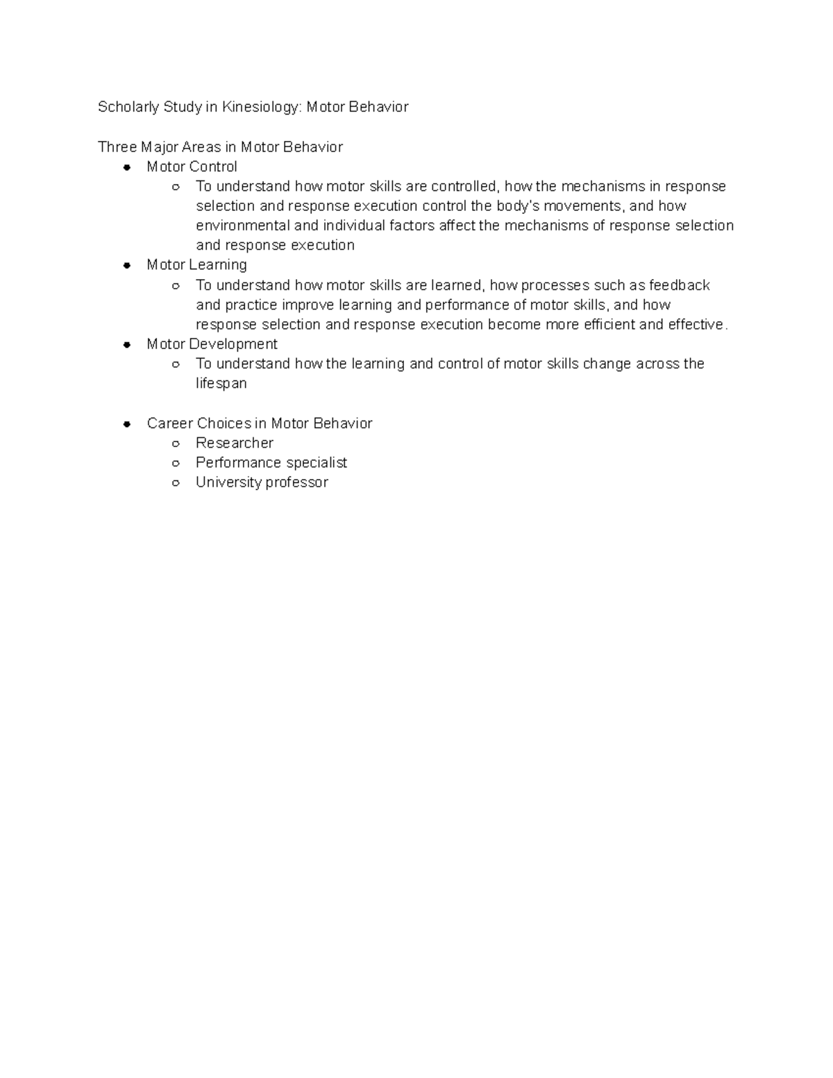 4. Motor Behavior Lecture notes 4 Scholarly Study in Kinesiology