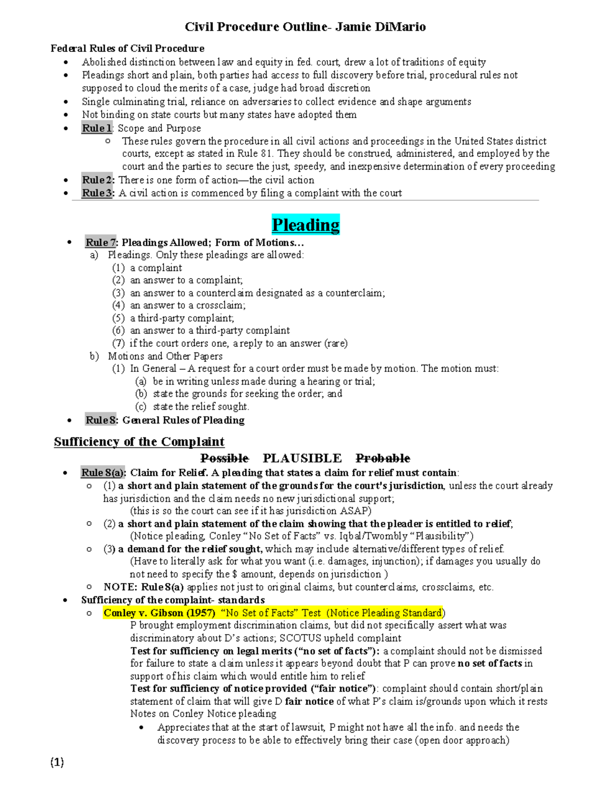 Civ Pro Print - Civil Procedure Final Outline - Civil Procedure Outline ...