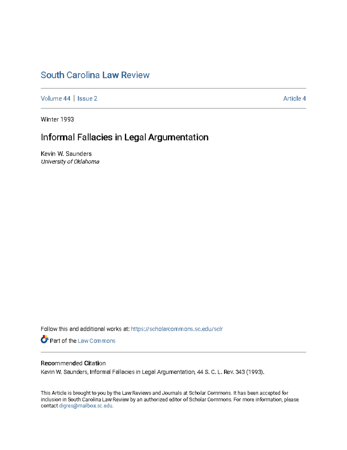 Informal Fallacies in Legal Argumentation South Carolina Law