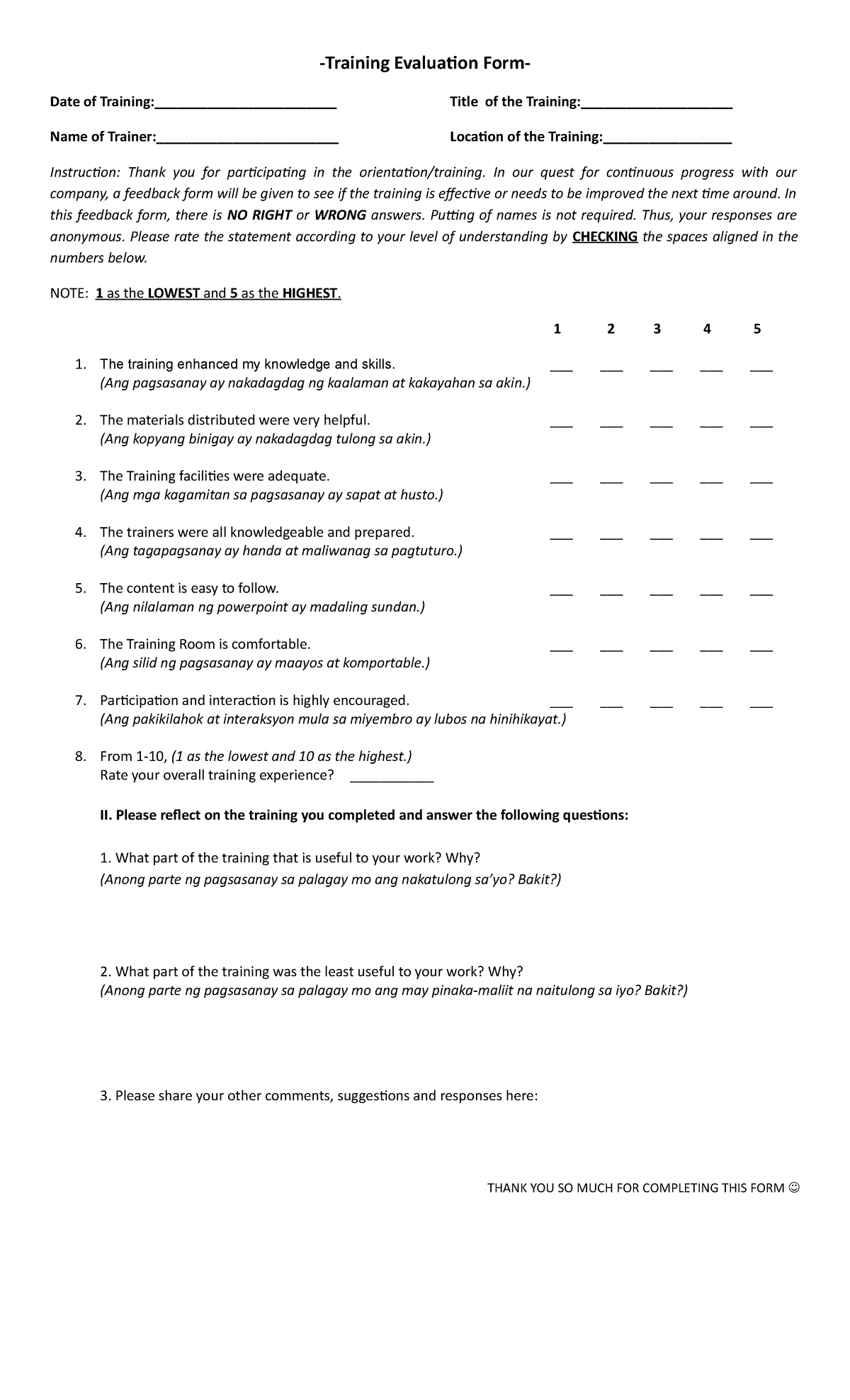 Training Feedback Form -Training Evaluation Form- Date of Training