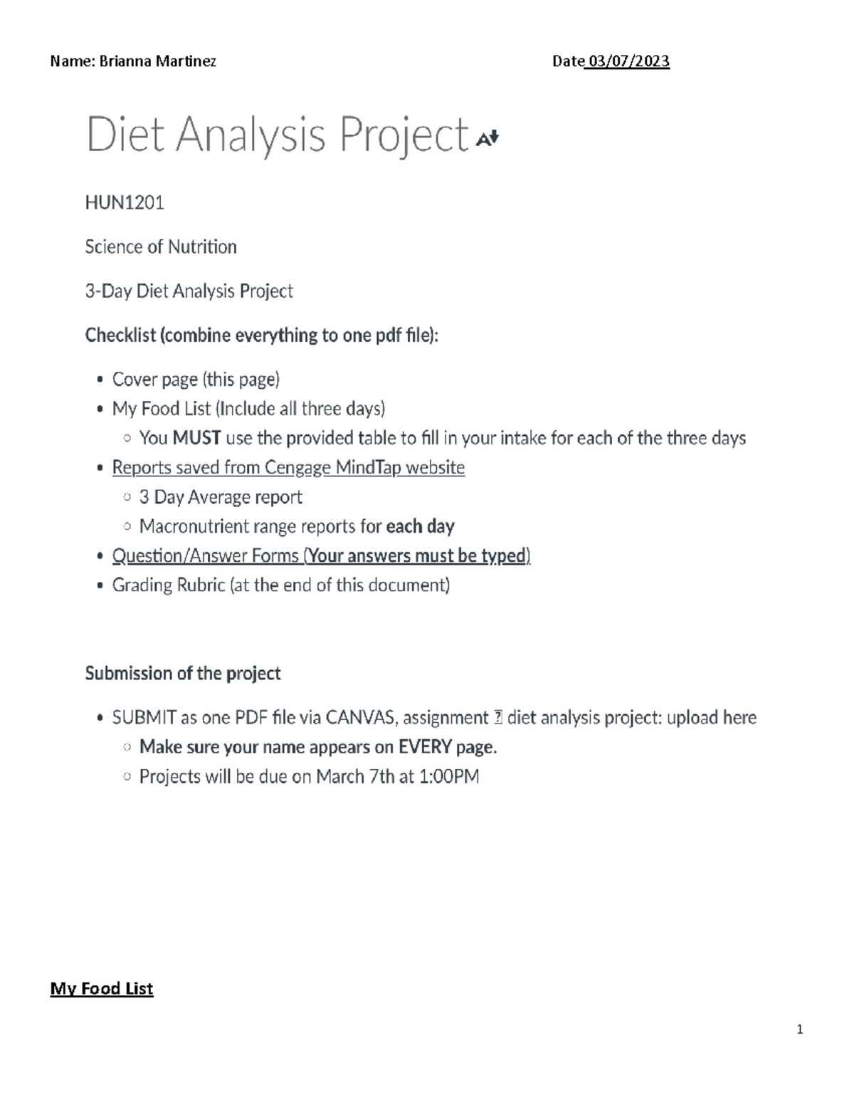 Diet Analysis Project - My Food List Keep A Detailed Record Of All ...