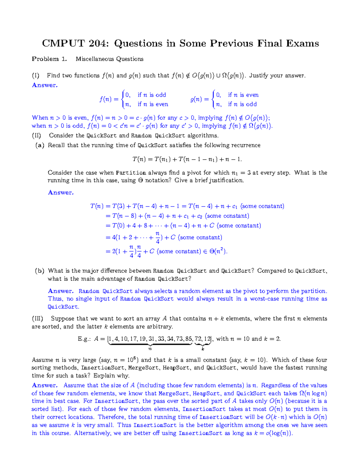 Final Answers Cmput4 Algorithms I Studocu