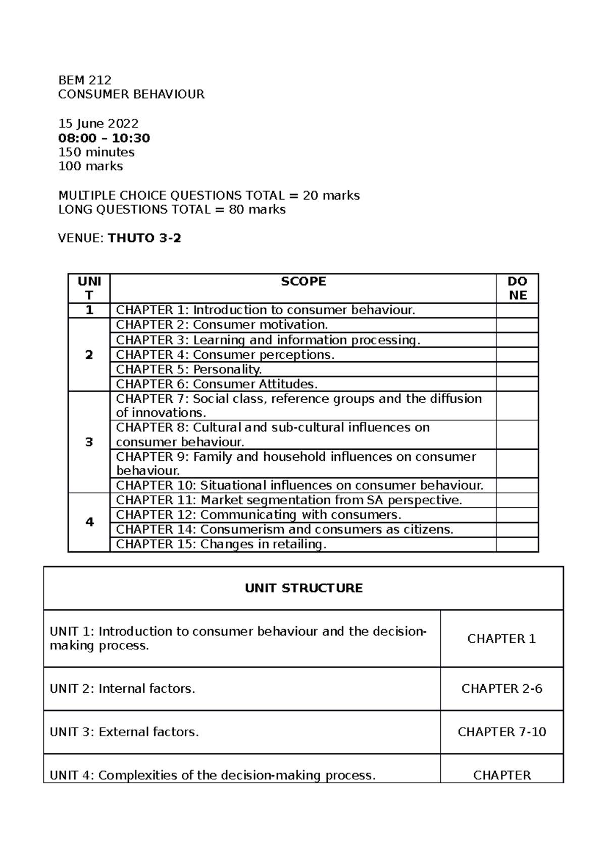 EXAM PREP - WHAT YOU NEED TO KNOW FOR THE EXAM - BEM 212 CONSUMER ...