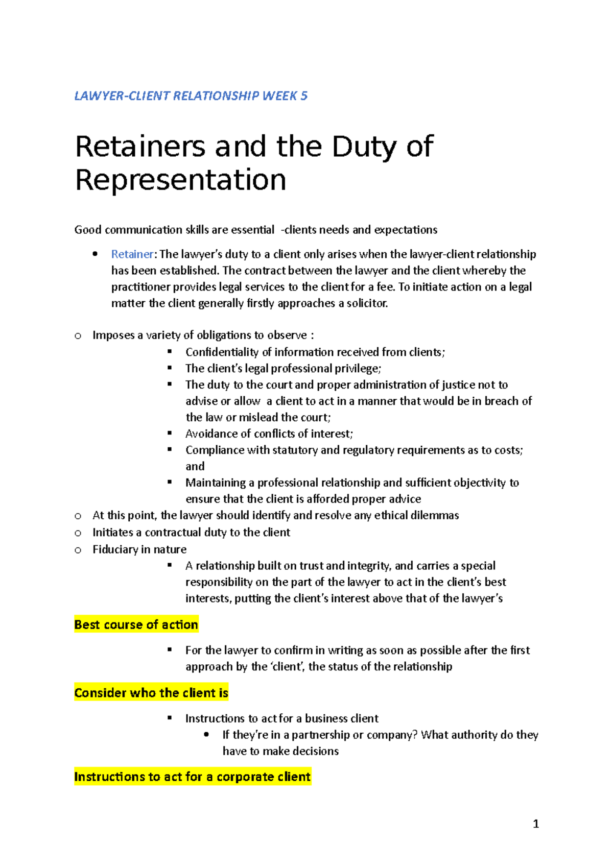 Ethics WEEK 5 LAWYERCLIENT RELATIONSHIP WEEK 5 Retainers and the