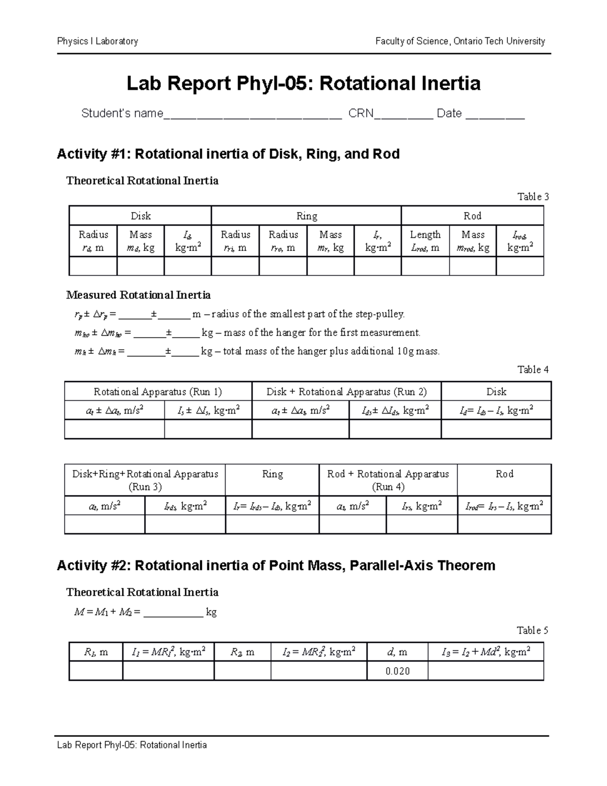 RI Report Ontario Tech University Physics I Laboratory Faculty of
