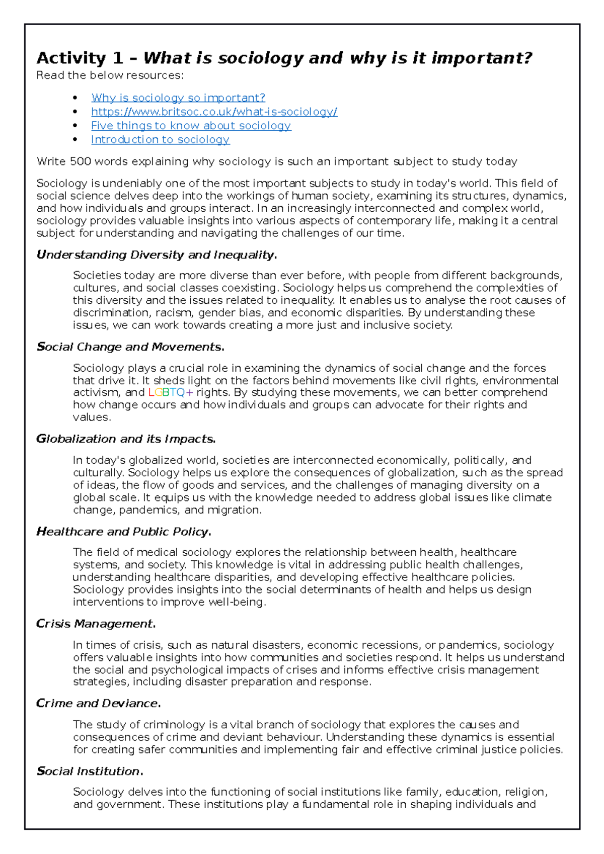 Activity One This Document Explores What Sociology Is And Why Is It