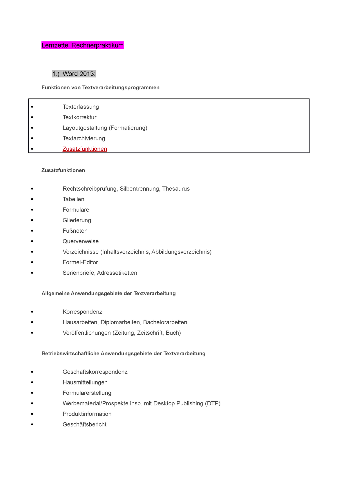 Lernzettel Word Zusammenfassung Rechnerpraktikum Ferienkurse Z1 Z2 Lernzettel Rechnerpraktikum Word 2013 Funktionen Von Textverarbeitungsprogrammen Studocu