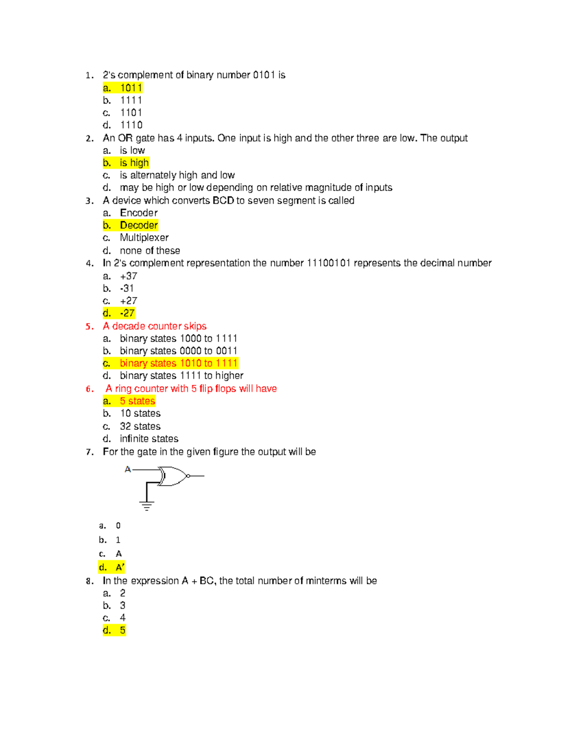Revision - Multiple Choice Questions Digital Logic Design - 2's ...