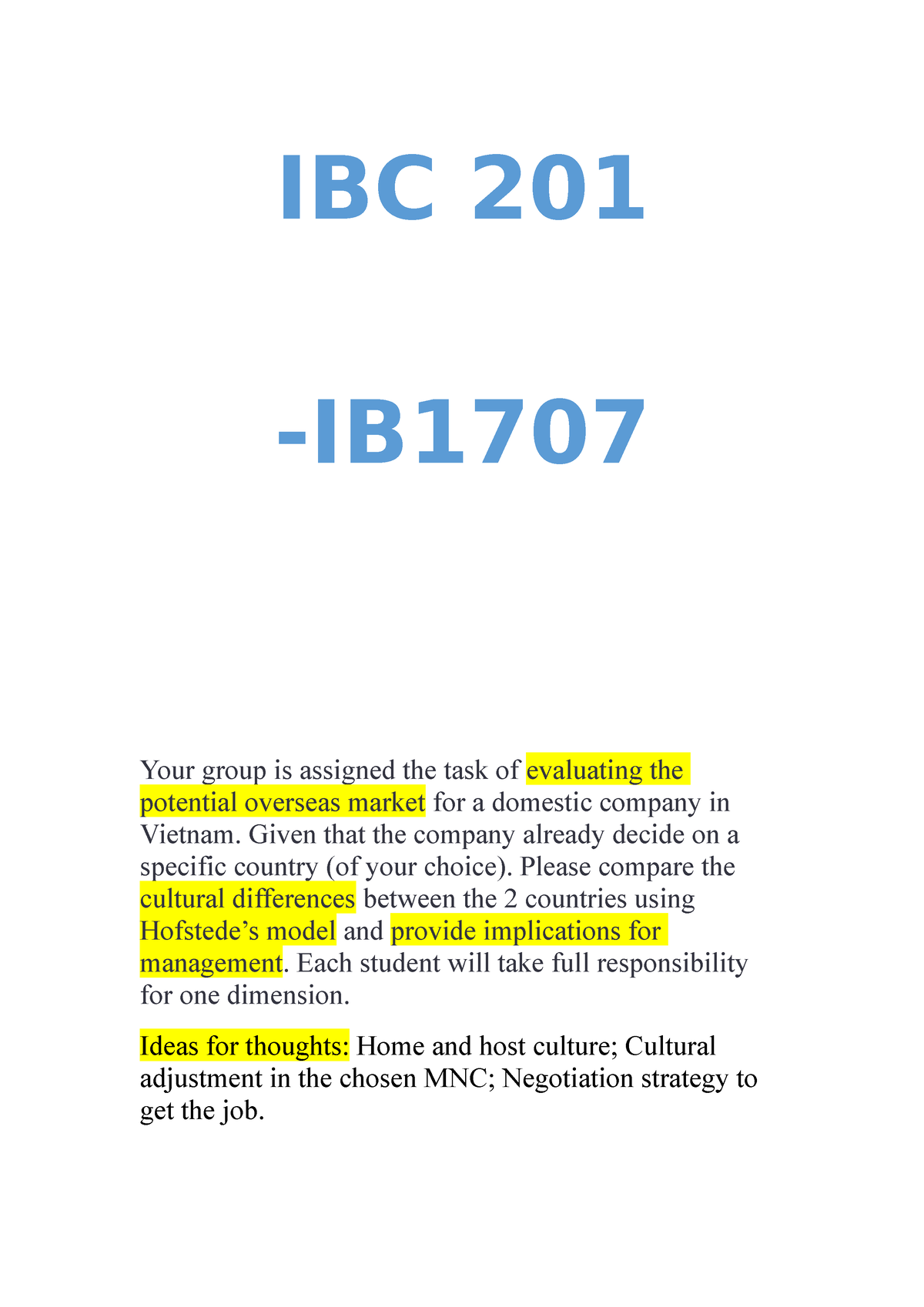 IBC201 ASSIGNMENT - IBC 201 -IB Your Group Is Assigned The Task Of ...