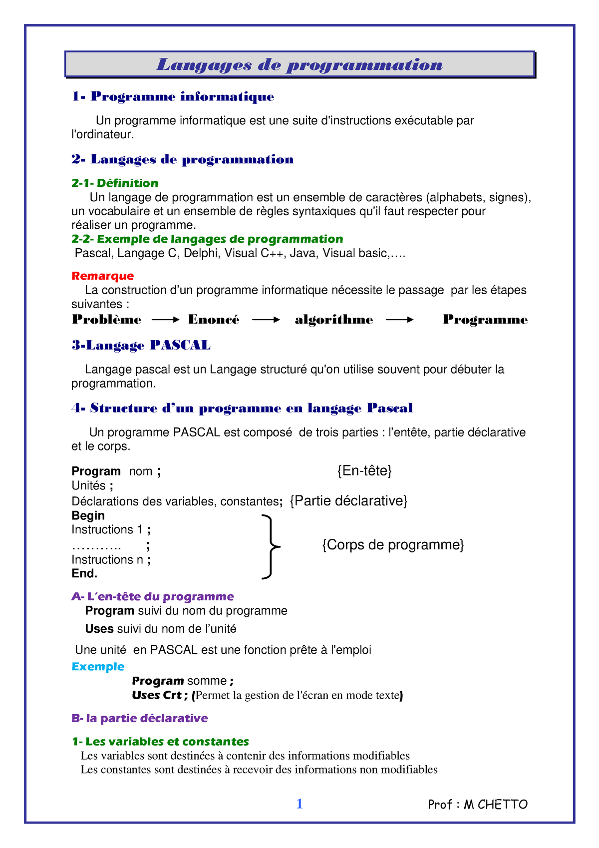 1les langages de programmation - Un programme - Studocu