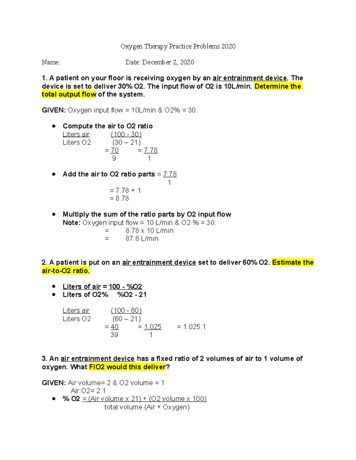 Oxygen Therapy Problems 2020 Oxygen Therapy Practice Problems 2020