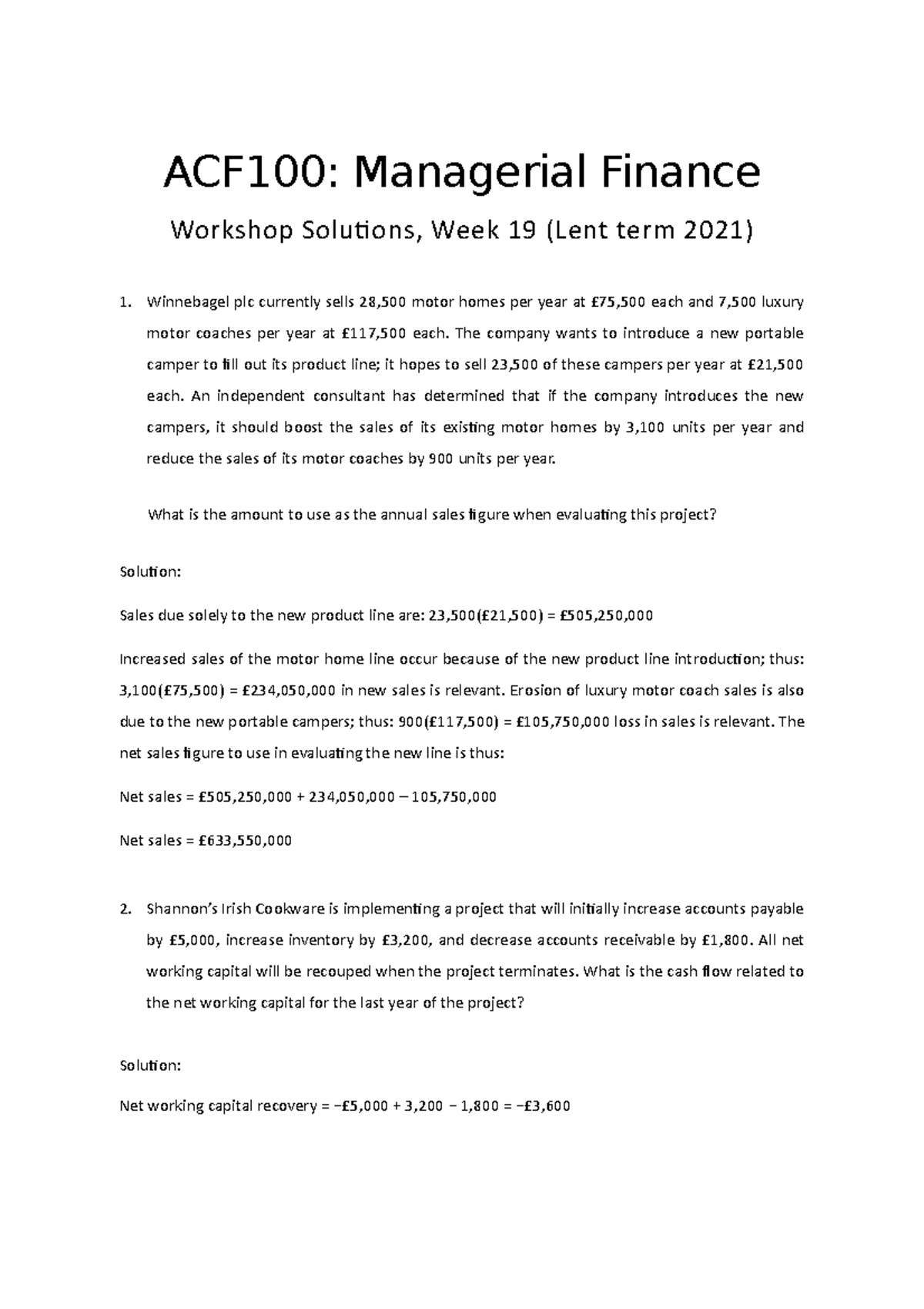 AC.F100 Workshop (b), Week 19, Solutions - ACF100: Managerial Finance ...