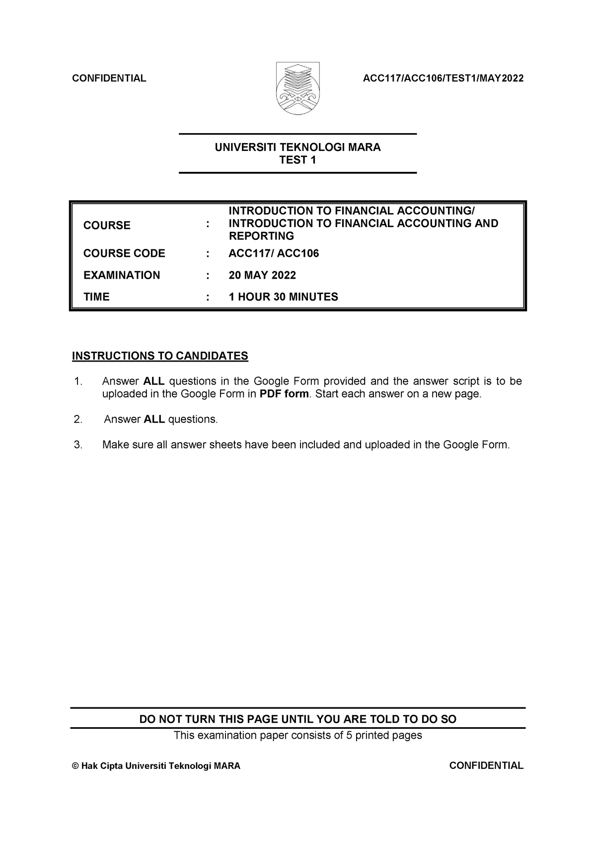 MAY2022 ACC117 ACC106 TEST 1 Q - UNIVERSITI TEKNOLOGI MARA TEST 1 ...