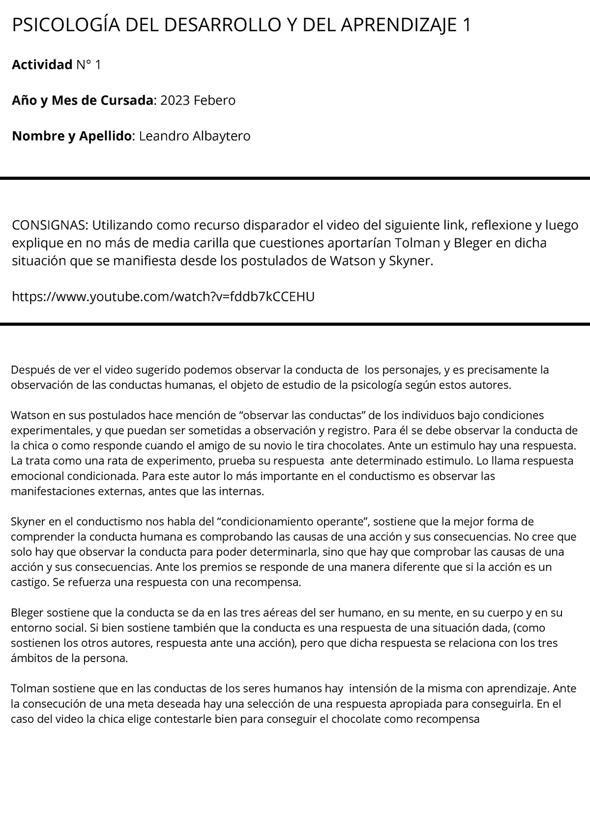 Unidad 1 - Trabajo Practico Numero 1 - PSICOLOGÍA DEL DESARROLLO Y DEL ...