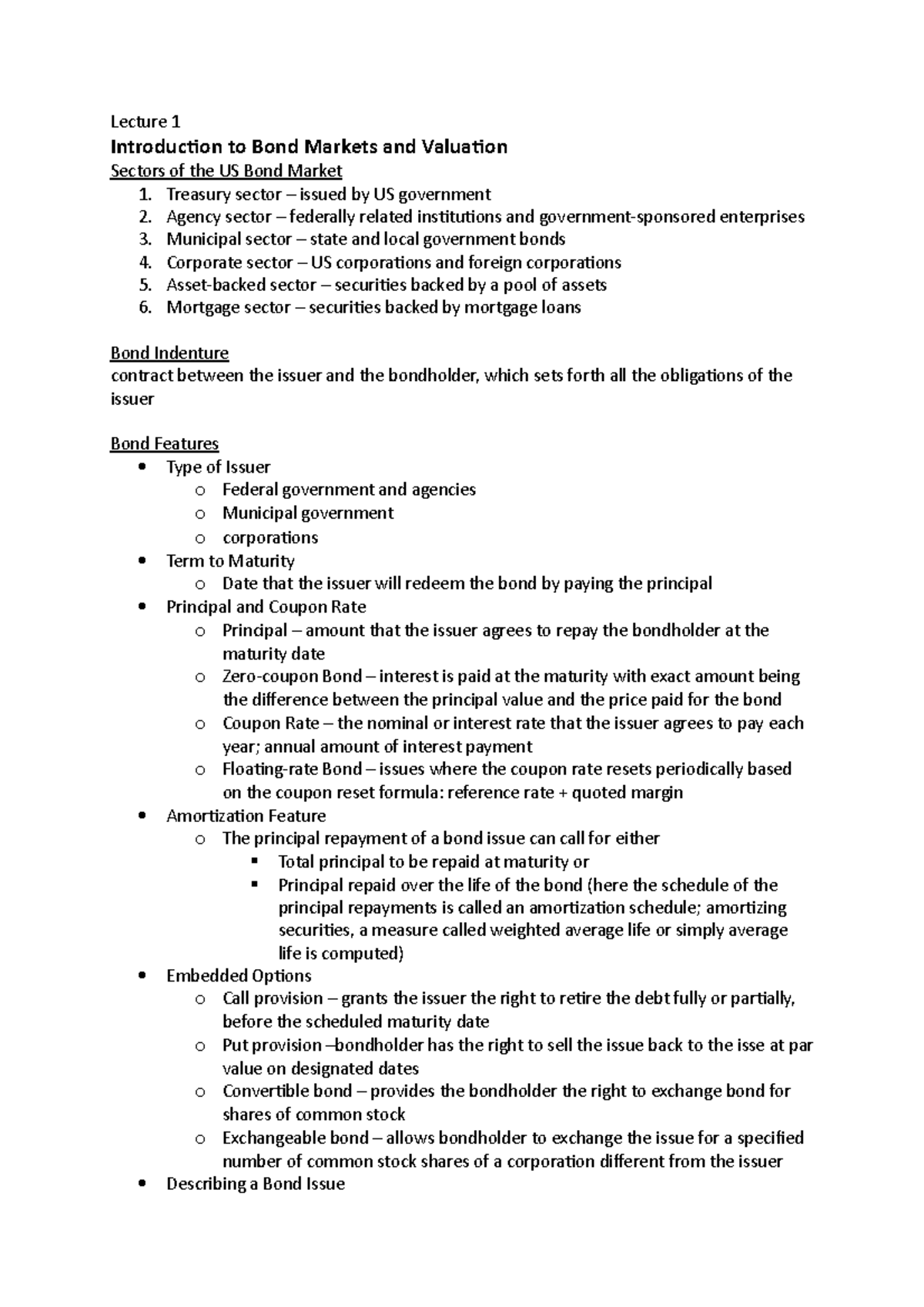 Lecture Notes Bu36 Trinity College Dublin Lecture Introduction To Bond Markets And Valuation Sectors Of The Us Bond Market Treasury Sector Issued By Us Studocu