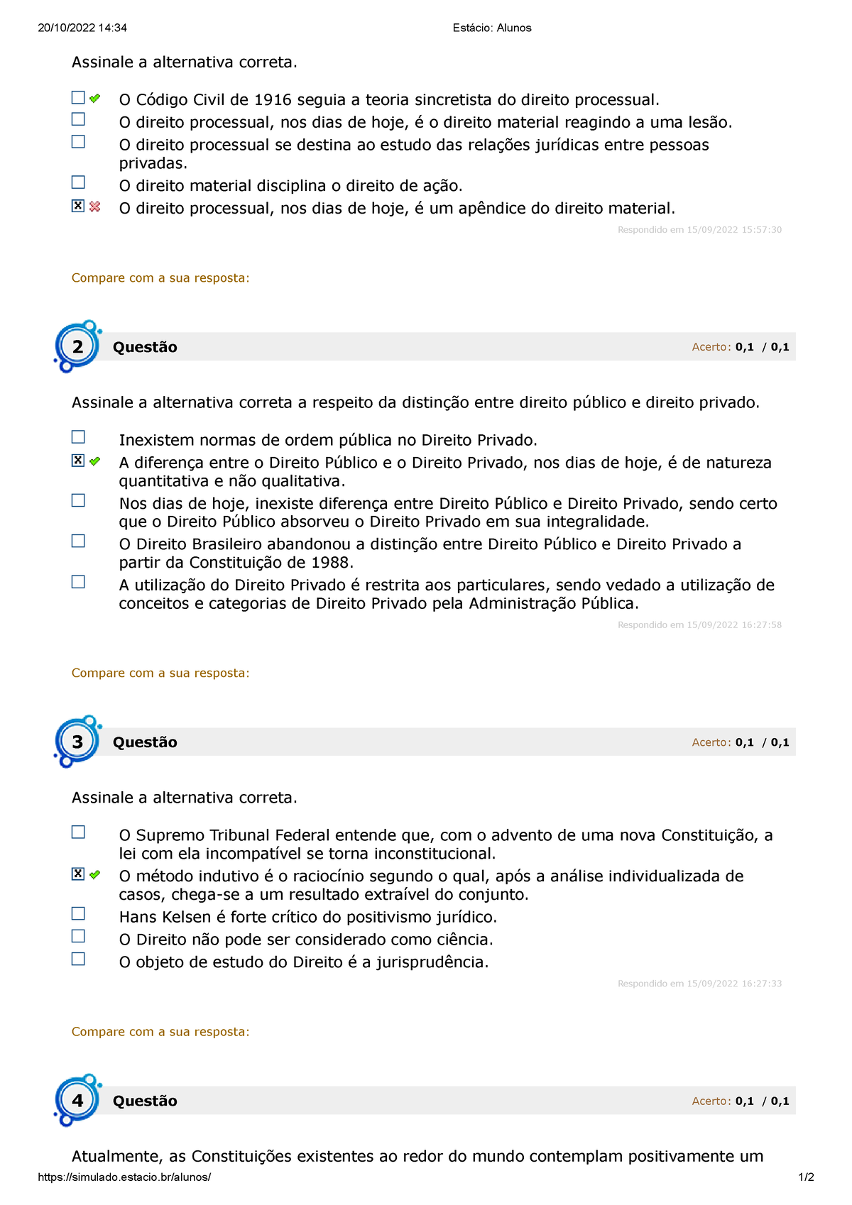 1º Avaliando Aprendizado, Introdução Ao Est. Do Dirieto - 20/10/2022 14 ...