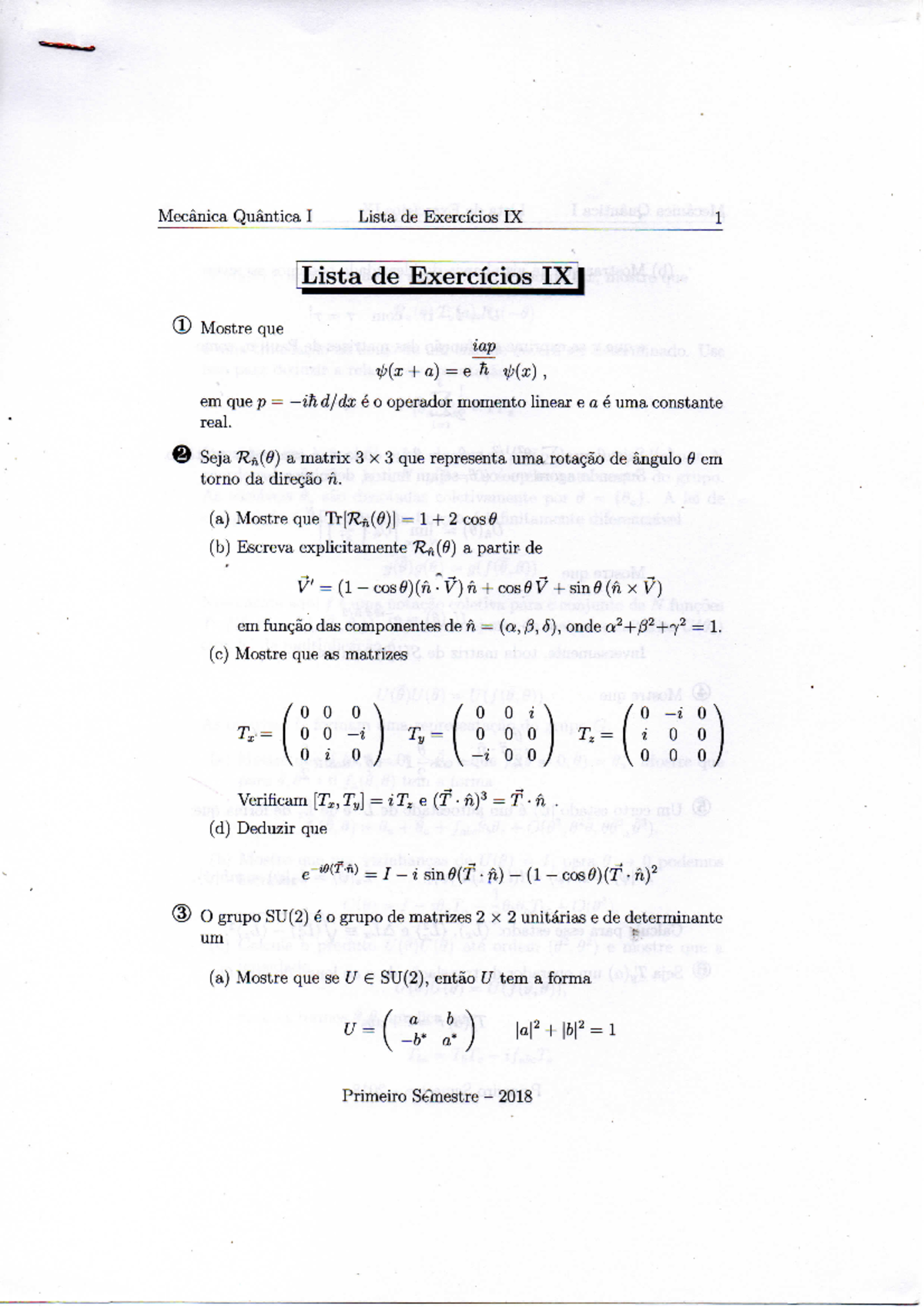 Lista De Exercicios 9 Quantica I Renata Funchal Studocu