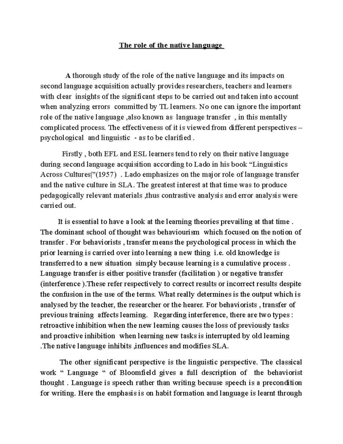 Role of native language The role of the native language A thorough