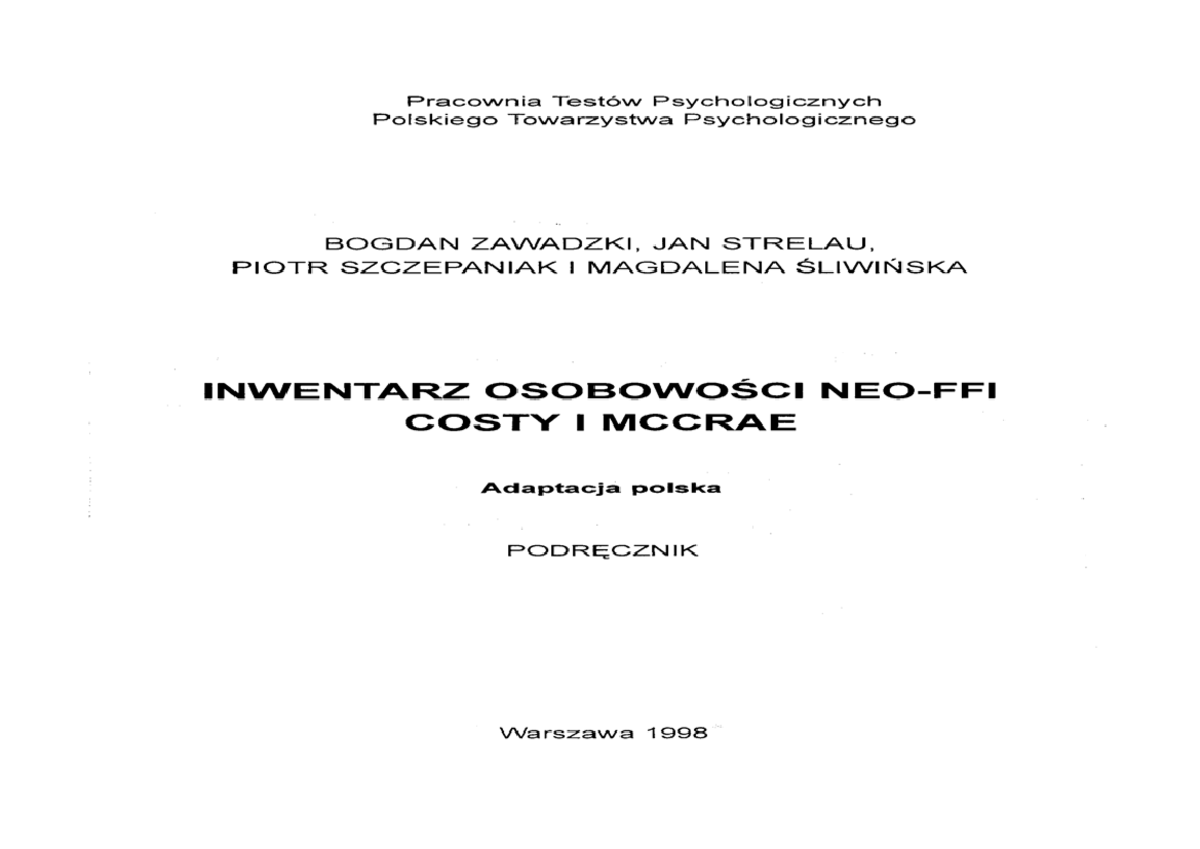 Inwentarz OsobowoŚCI NEO FFI - Psychologia - INWENTARZ OSOBOWO ŚCI NEO ...