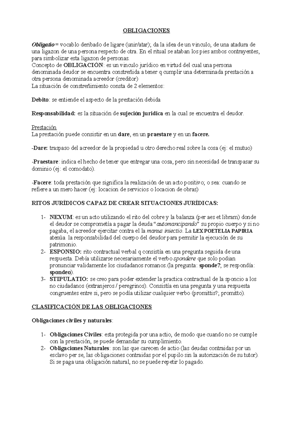 Resumen Romano-obligaciones 2 - OBLIGACIONES Obligatio= vocablo ...