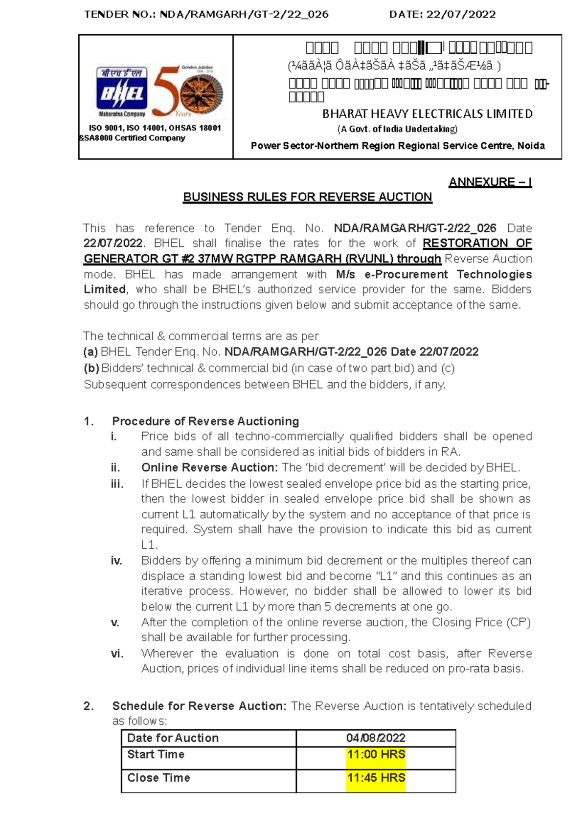 Business Rule Document - TENDER NO.: NDA/RAMGARH/GT-2/22_026 DATE: 22 ...