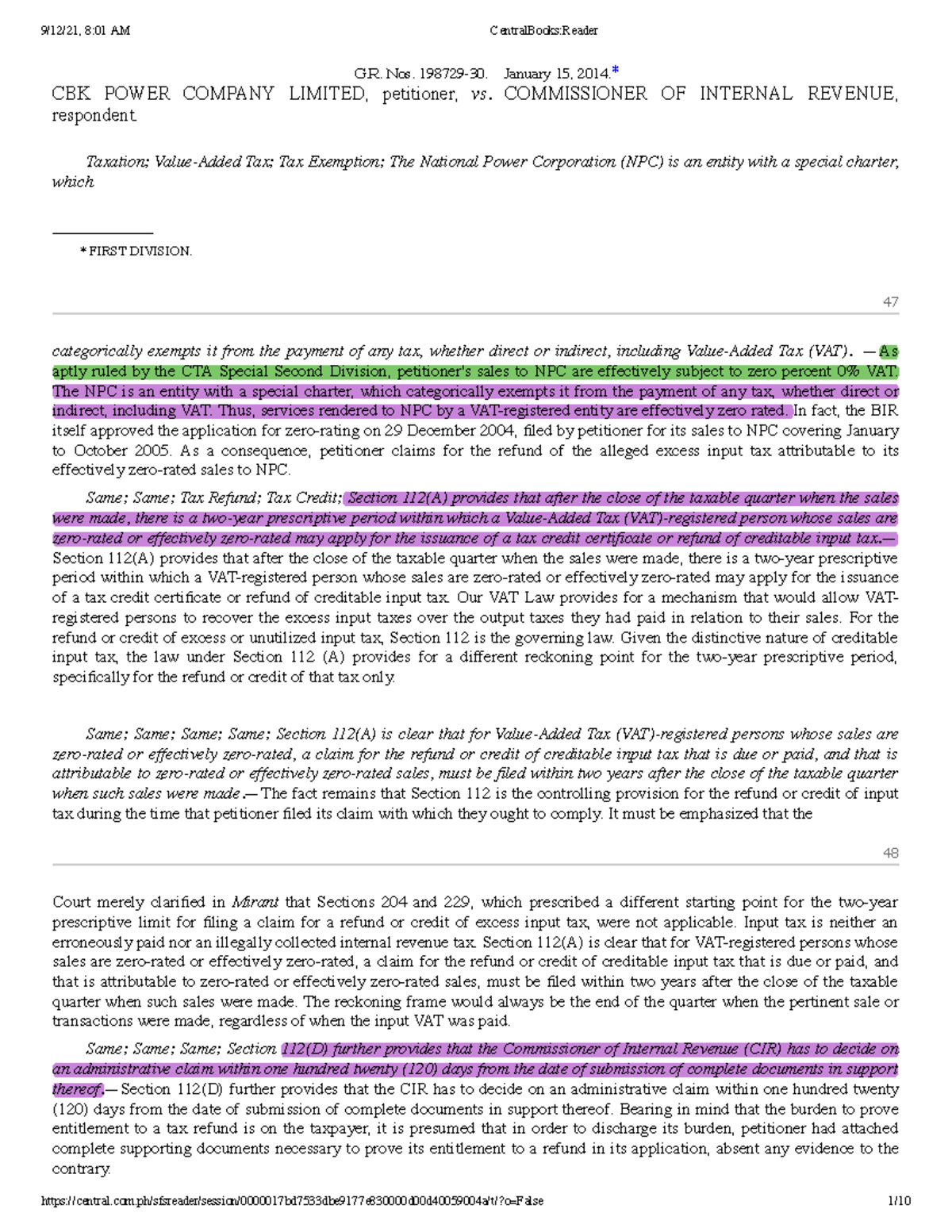 CBK Power Company Limited v CIR - G. Nos. 198729-30. January 15, 2014 ...