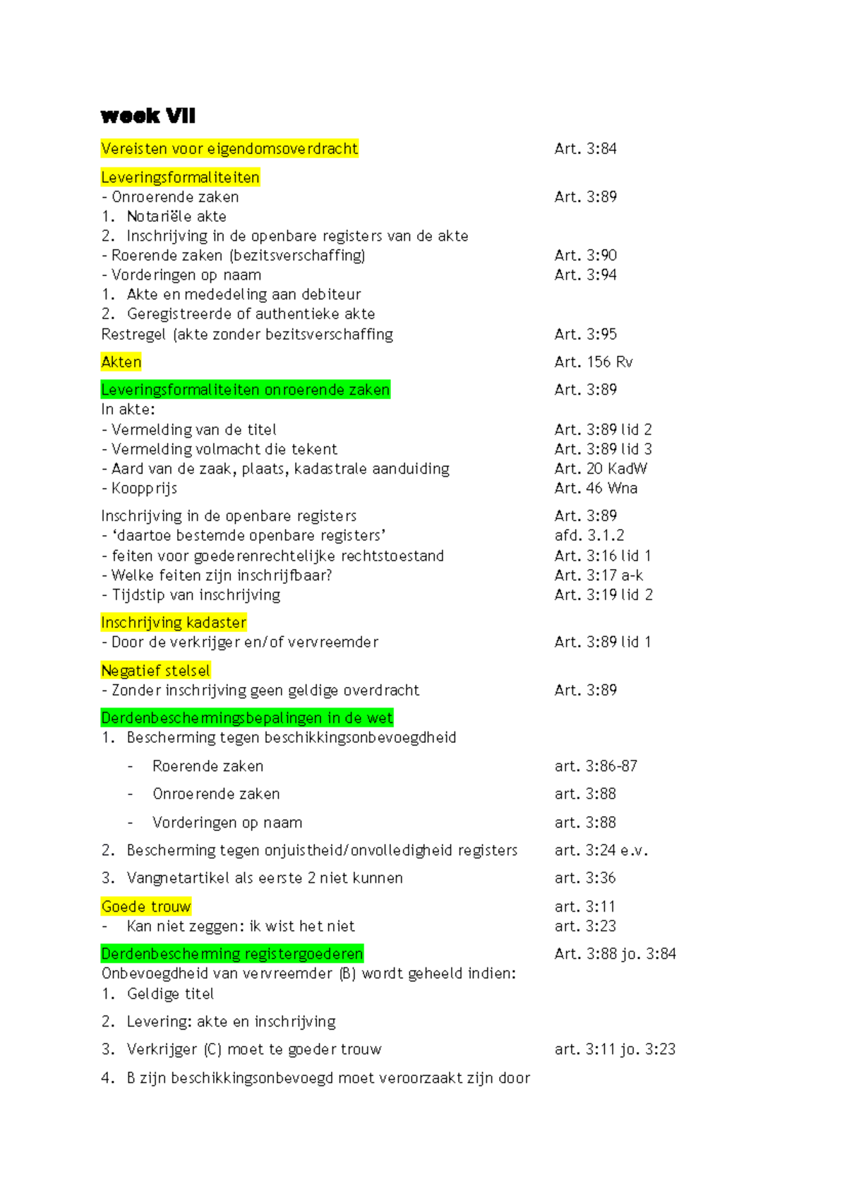 Burgerlijk - Wetten - Week VII Vereisten Voor Eigendomsoverdracht Art ...