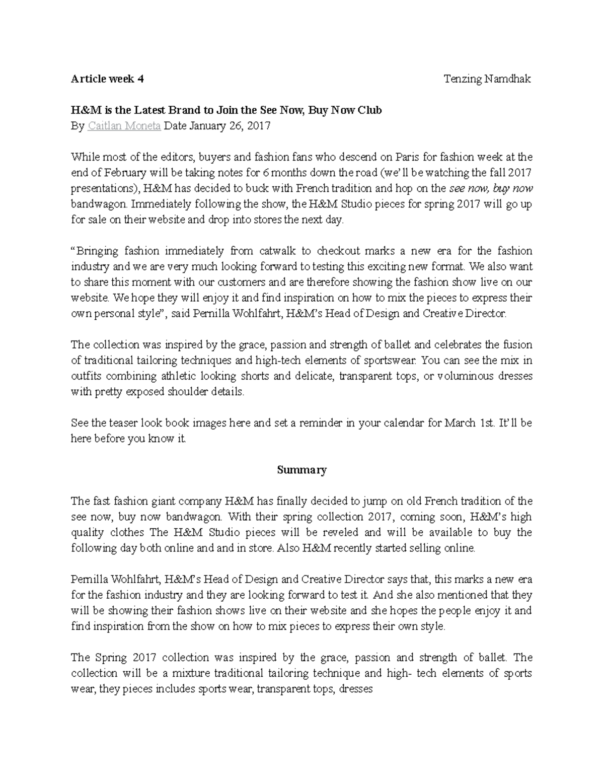 H&M see now, Buy now Newspaper article Assignment Article week 4 Tenzing Namdhak H&M is