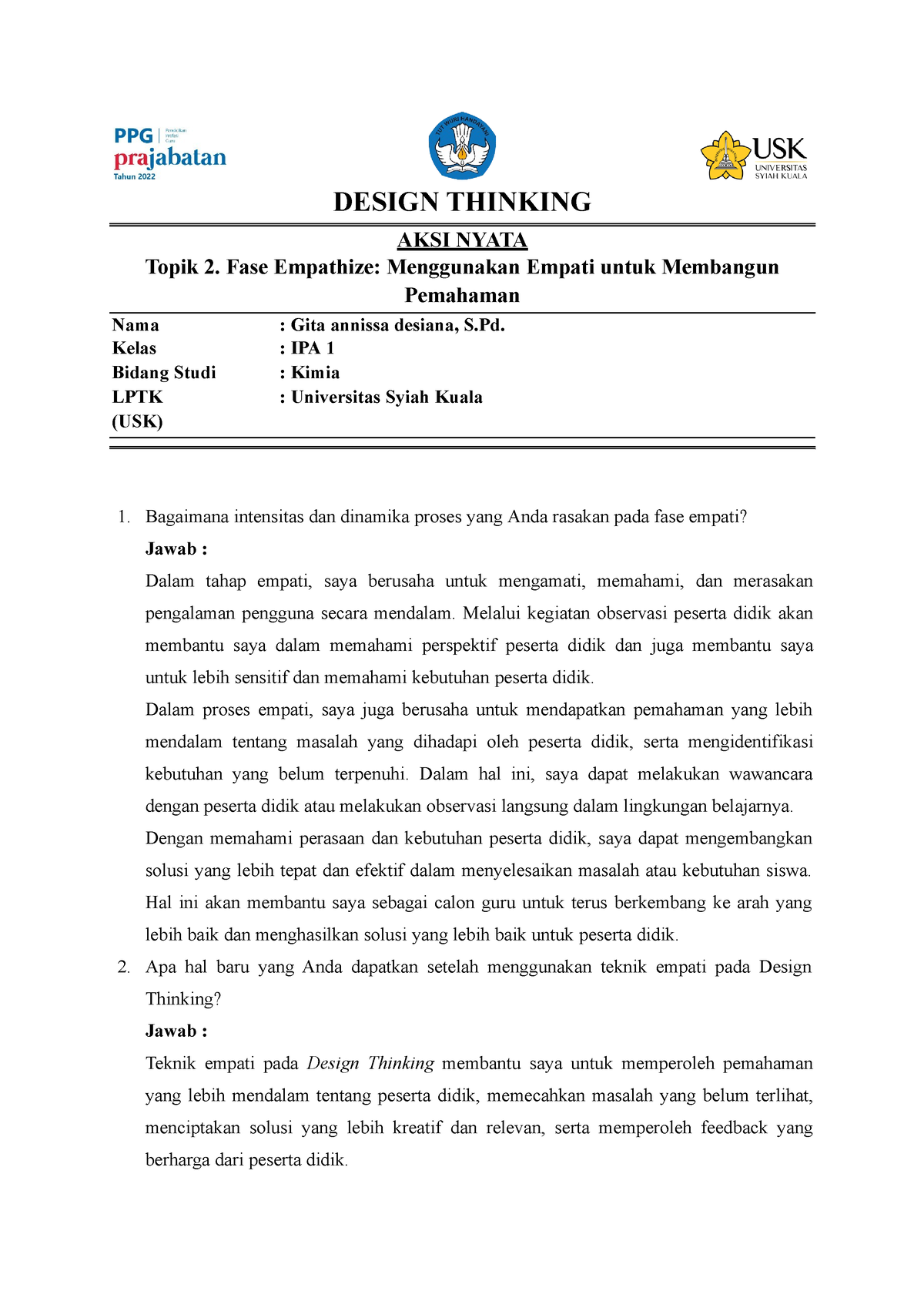 Aksi Nyata T2 Design Thinking Design Thinking Aksi Nyata Topik 2 Fase Empathize Menggunakan 