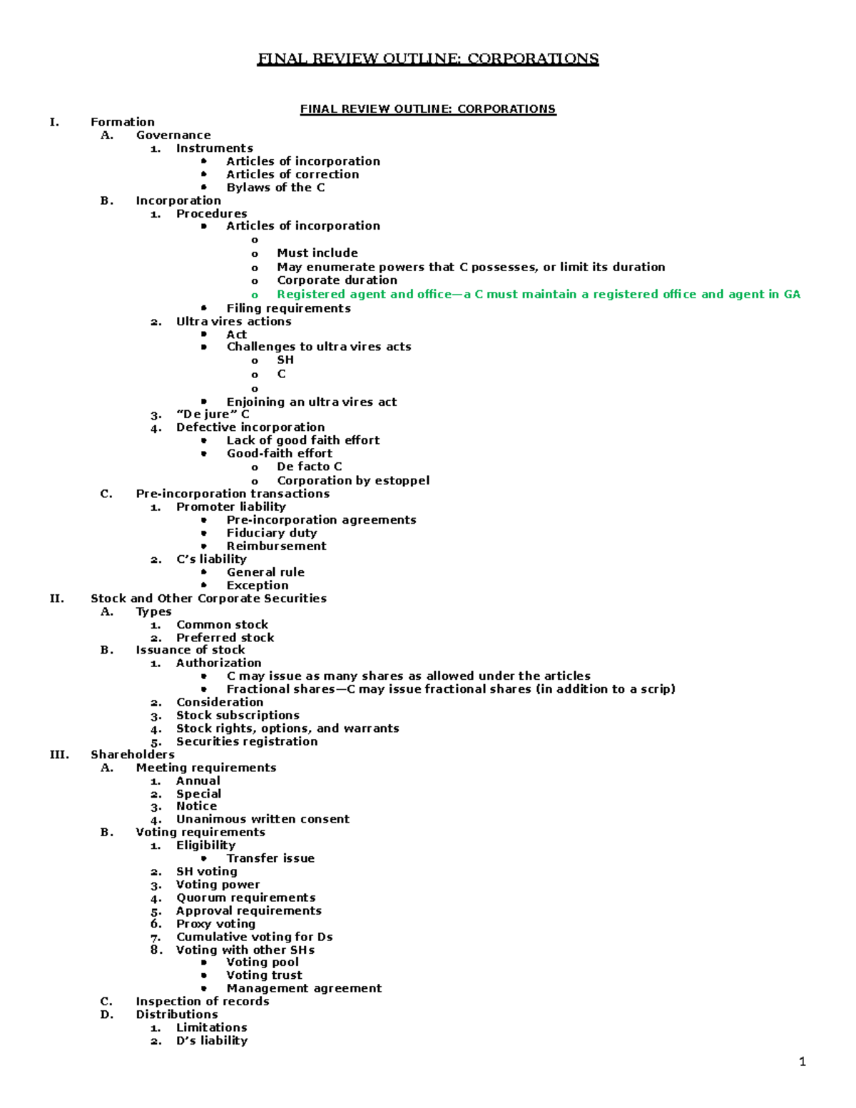 Final Review Outline: Corporation Law Exam Notes - FINAL REVIEW OUTLINE ...