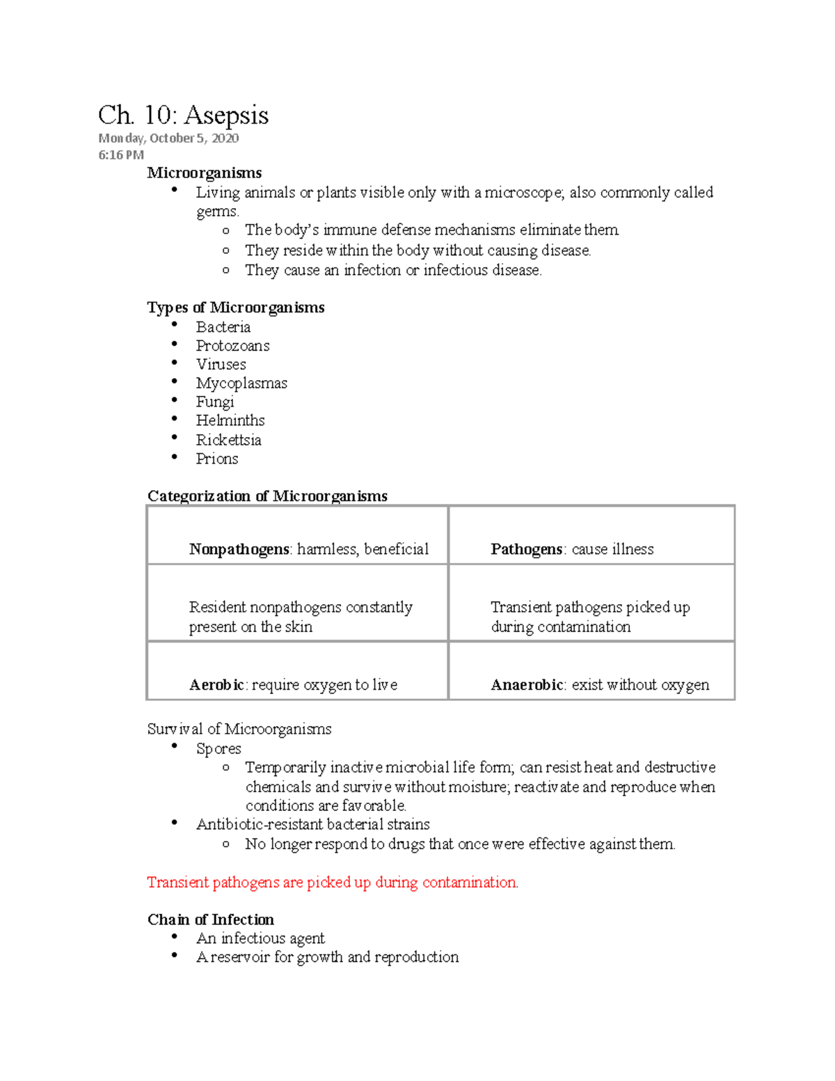 Nursing Asepsis - Ch. 10: Asepsis Monday, October 5, 2020 6:16 PM ...