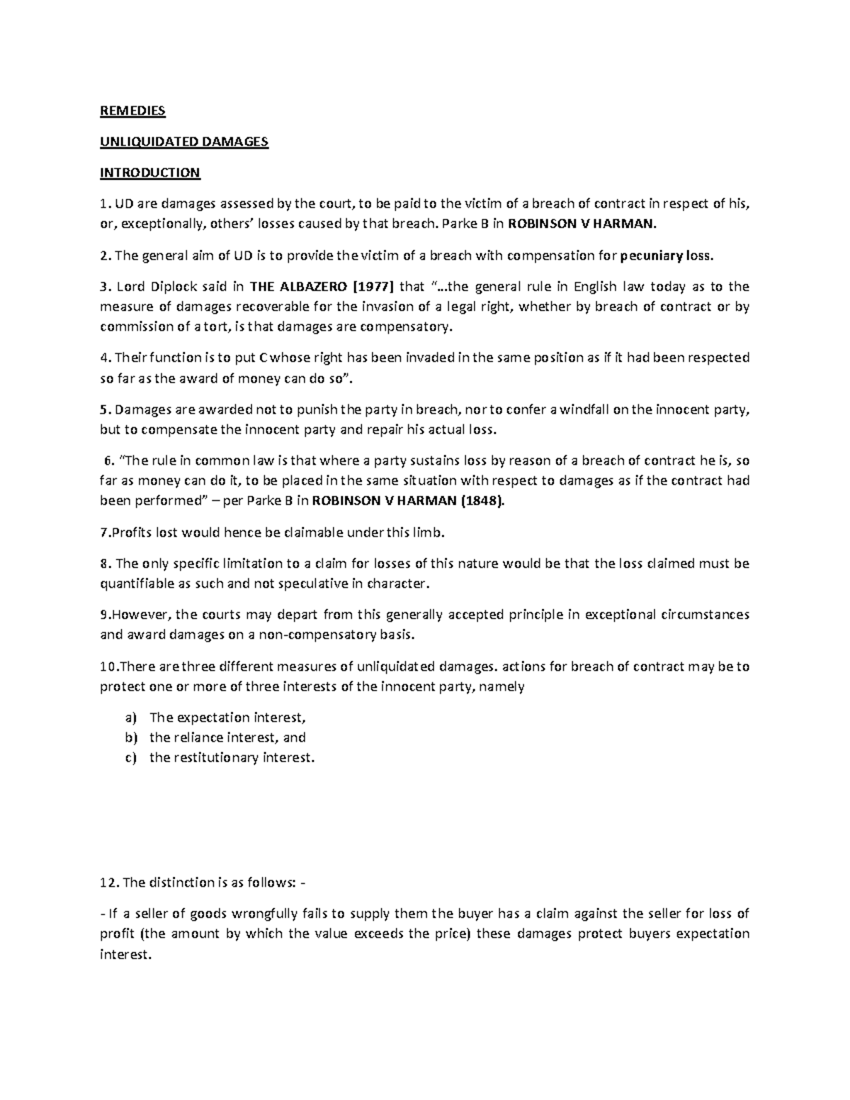 UNliquidated damages Contract Law REMEDIES UNLIQUIDATED DAMAGES