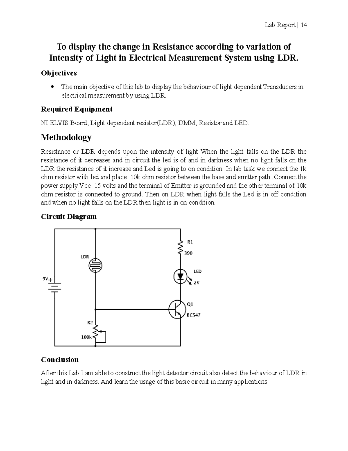 electric measurement and instrumentation lab No14 Lab Report 14 To