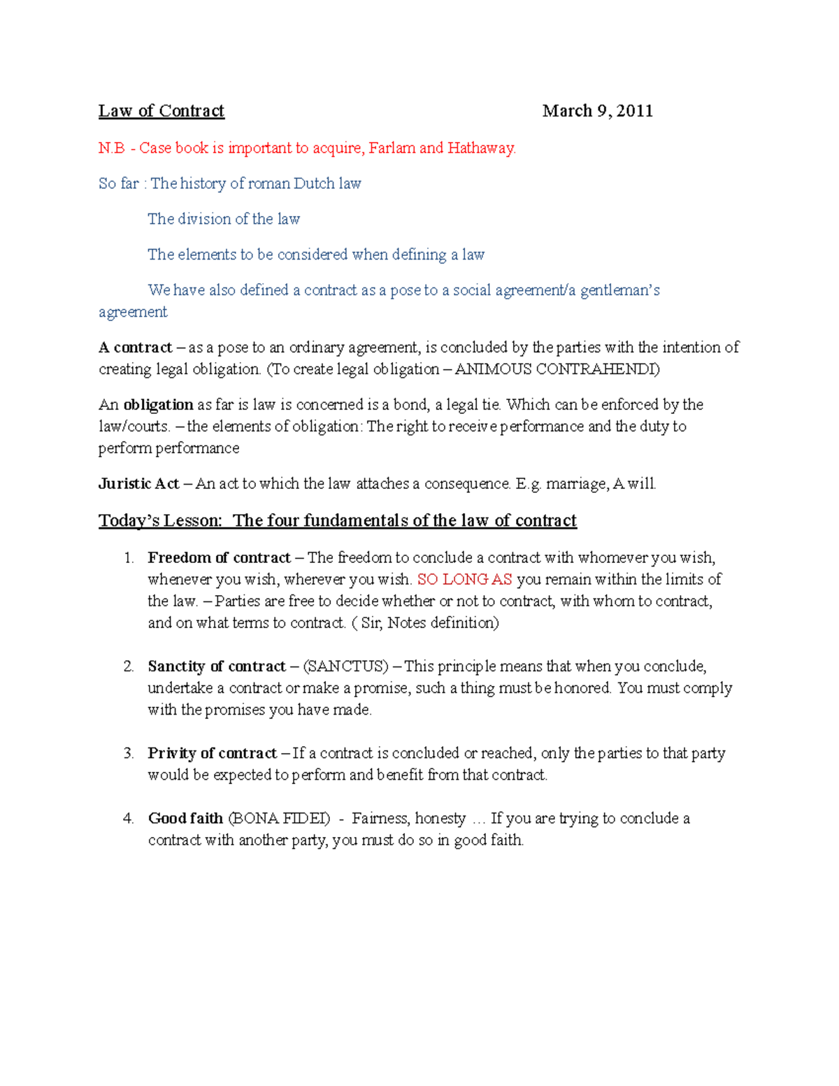 Law of Contract - March 9 - So far : The history of roman Dutch law The ...