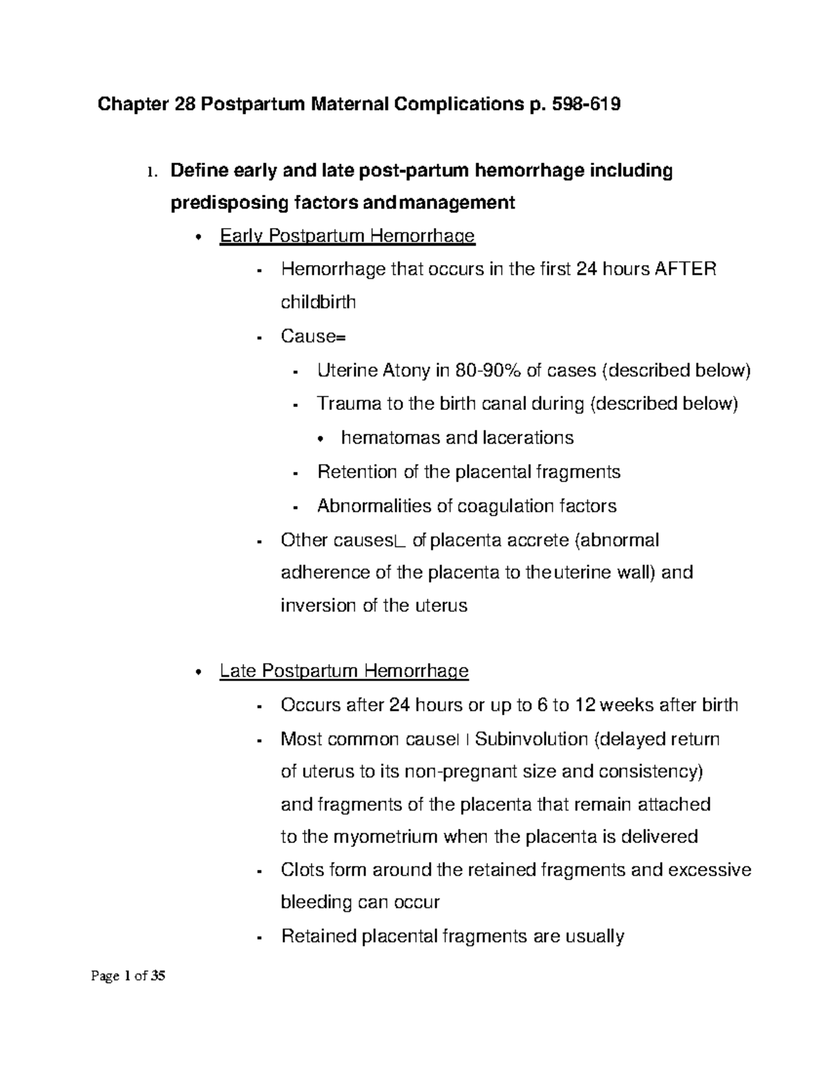 Chapter 28 Postpartum Maternal Complications p 598 1. Define early