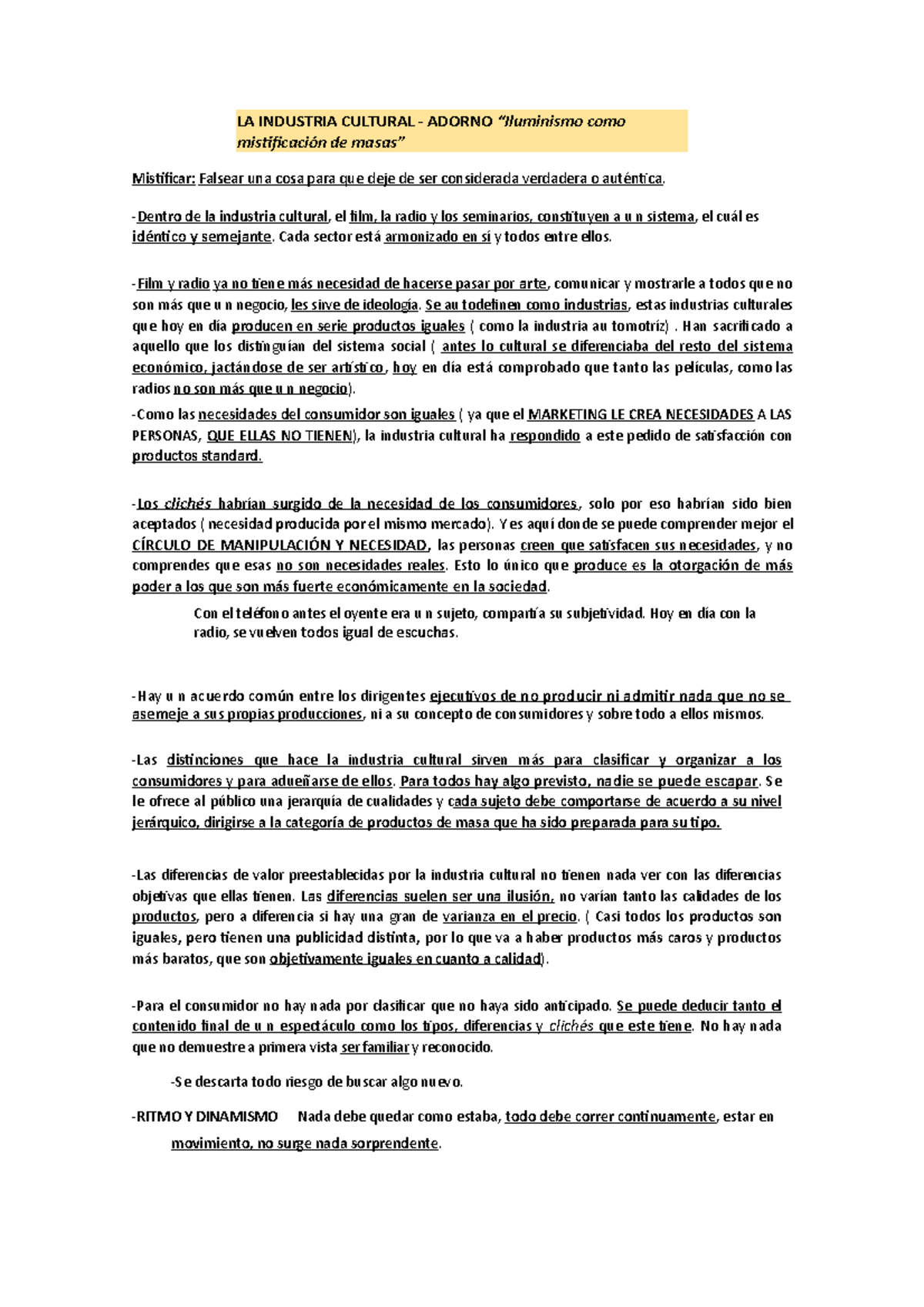 RTXLA Industria Cultural LA INDUSTRIA CULTURAL ADORNO “Iluminismo como mistificación de RTXLA Industria Cultural LA INDUSTRIA CULTURAL ADORNO “Iluminismo como mistificación de