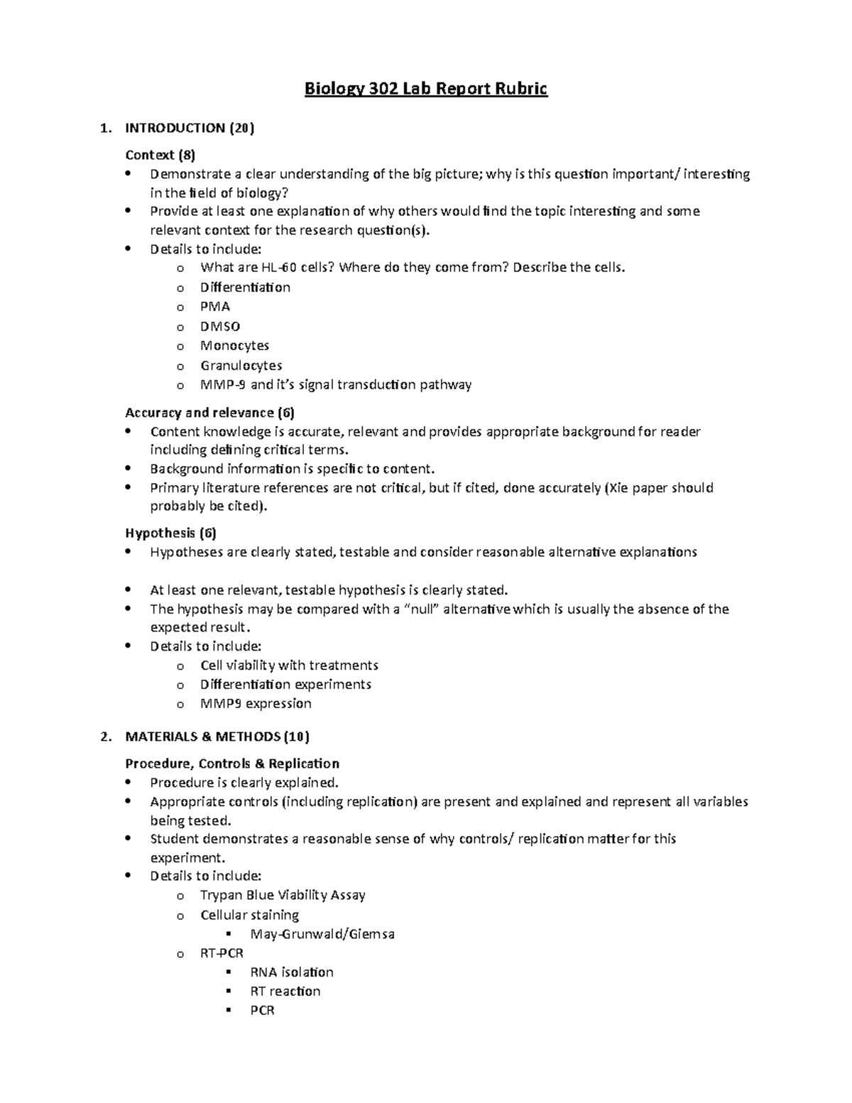 Biology 302L Lab Report Rubric Detailed Biology 302 Lab Report Rubric