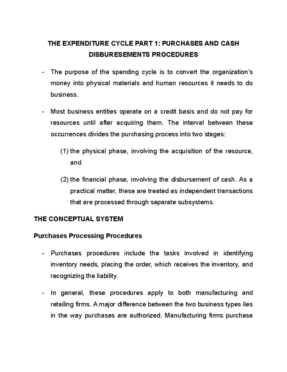 THE Expenditure Cycle PART 1 Purchases AND CASH Disburesements