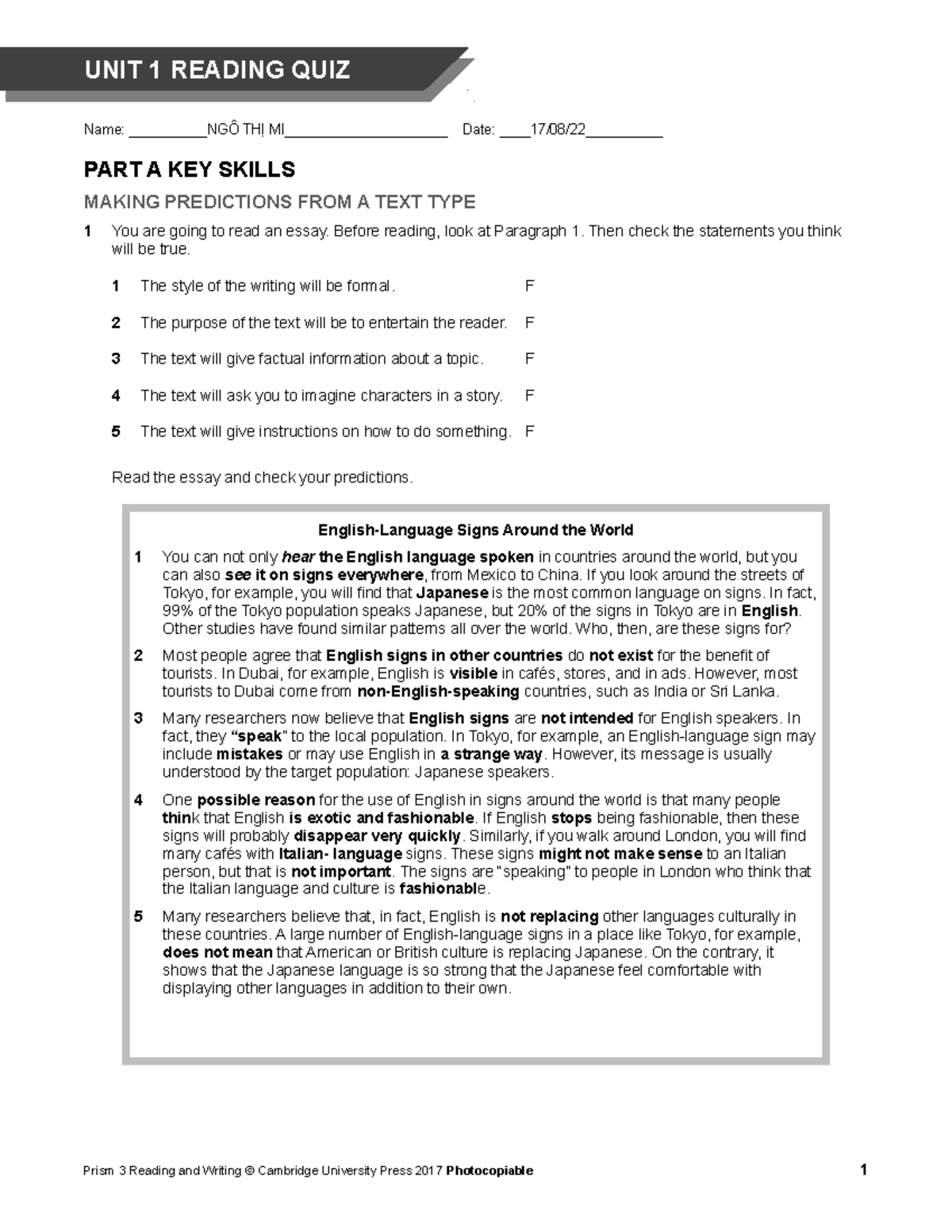 Prism RW L3 Quiz U01 UNIT 1 READING QUIZ Name NGÔ THỊ MI