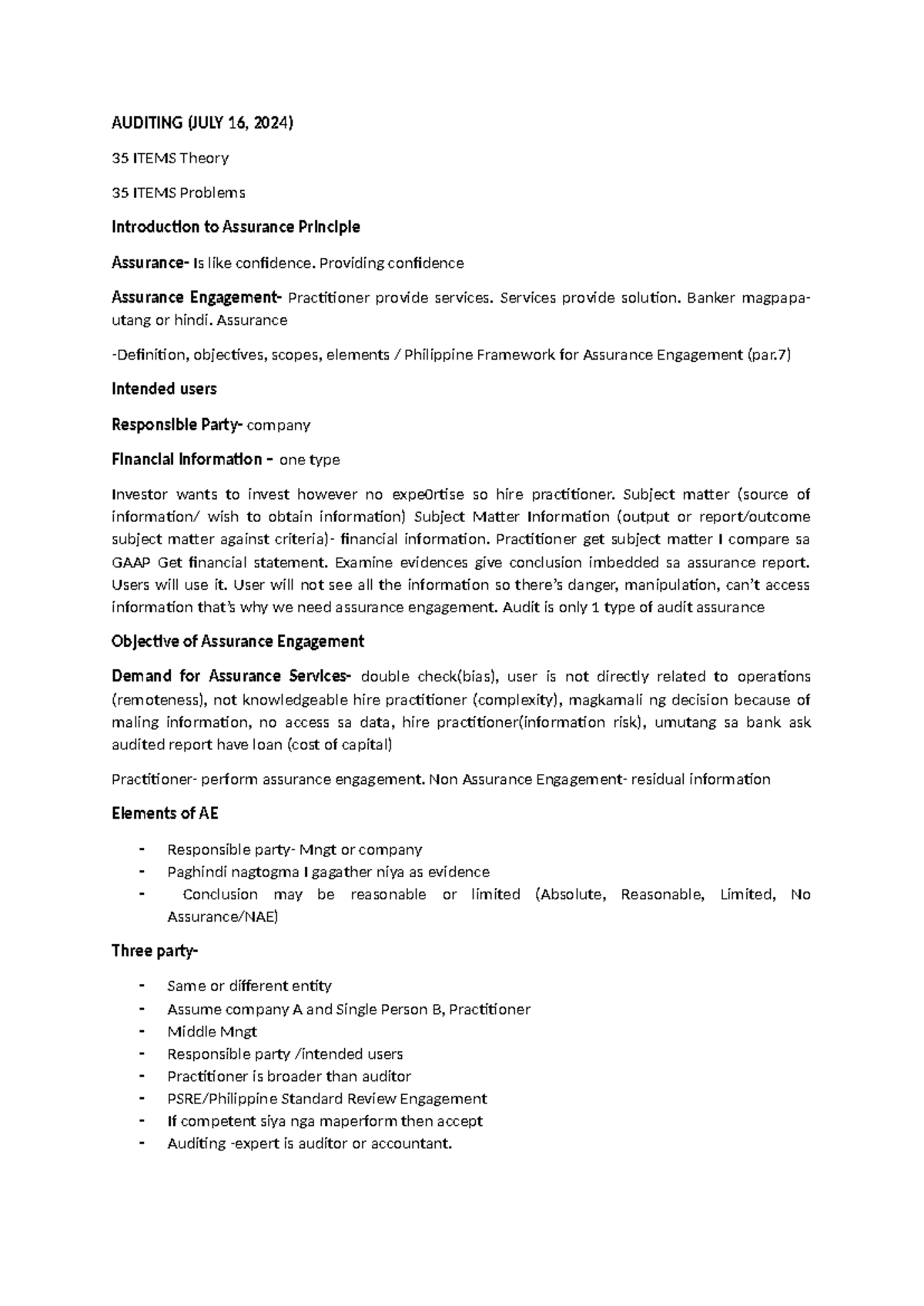 Review Notes for Audit - AUDITING (JULY 16, 2024) 35 ITEMS Theory 35 ...