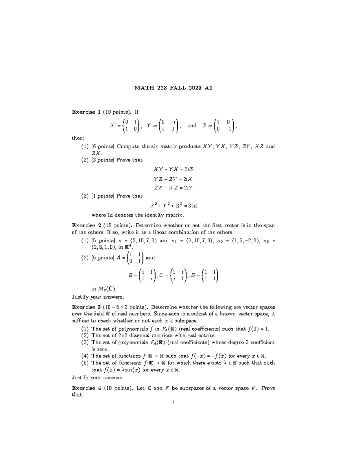 MATH 223 Fall 2023 A1 - Ass - MATH 223 FALL 2023 A Exercise 1 (10 ...