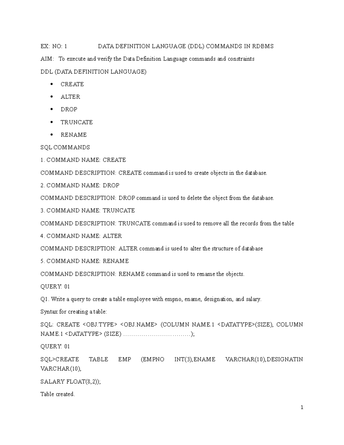 Lab manual Lab programs EX NO 1 DATA DEFINITION LANGUAGE (DDL